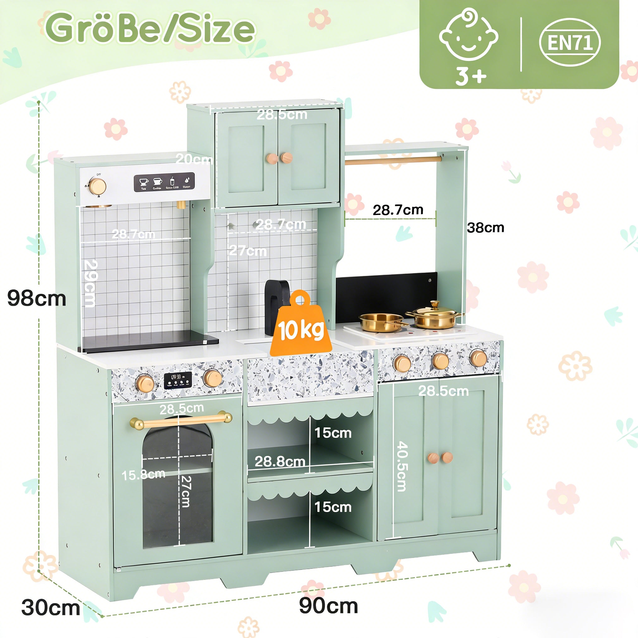 Children's Play Kitchen with Accessories and Creative Design, Green Wood and Plastic