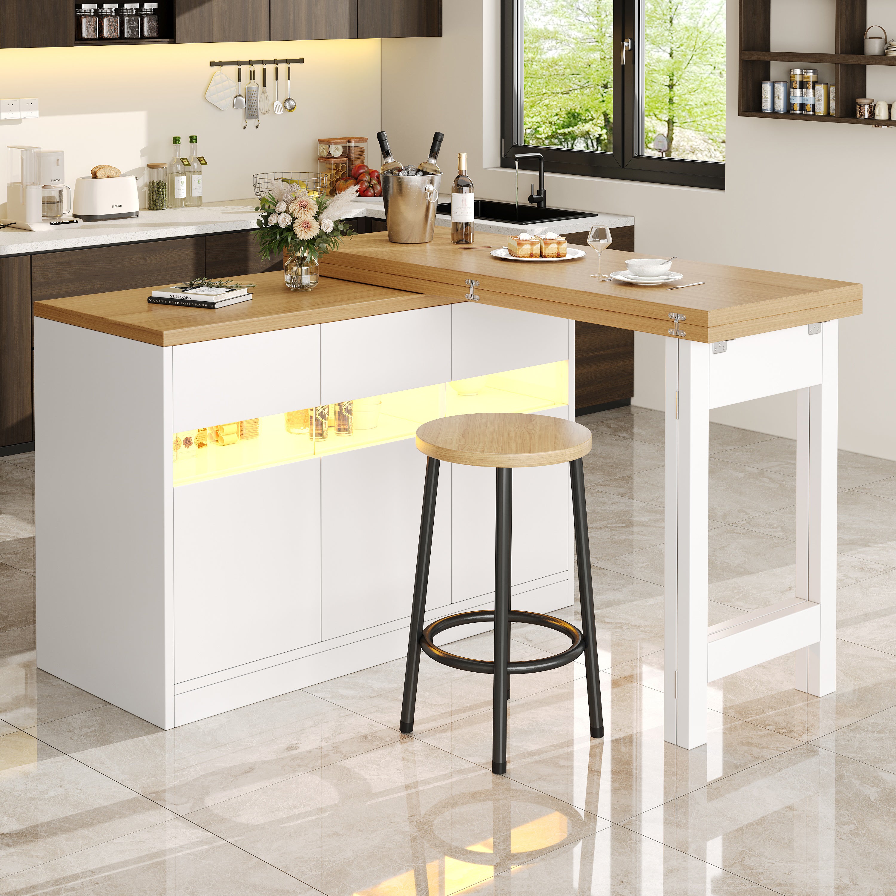 Extendable Bar Table with LED Lighting and 360° Swivel, 120-180cm Adjustable Length, White