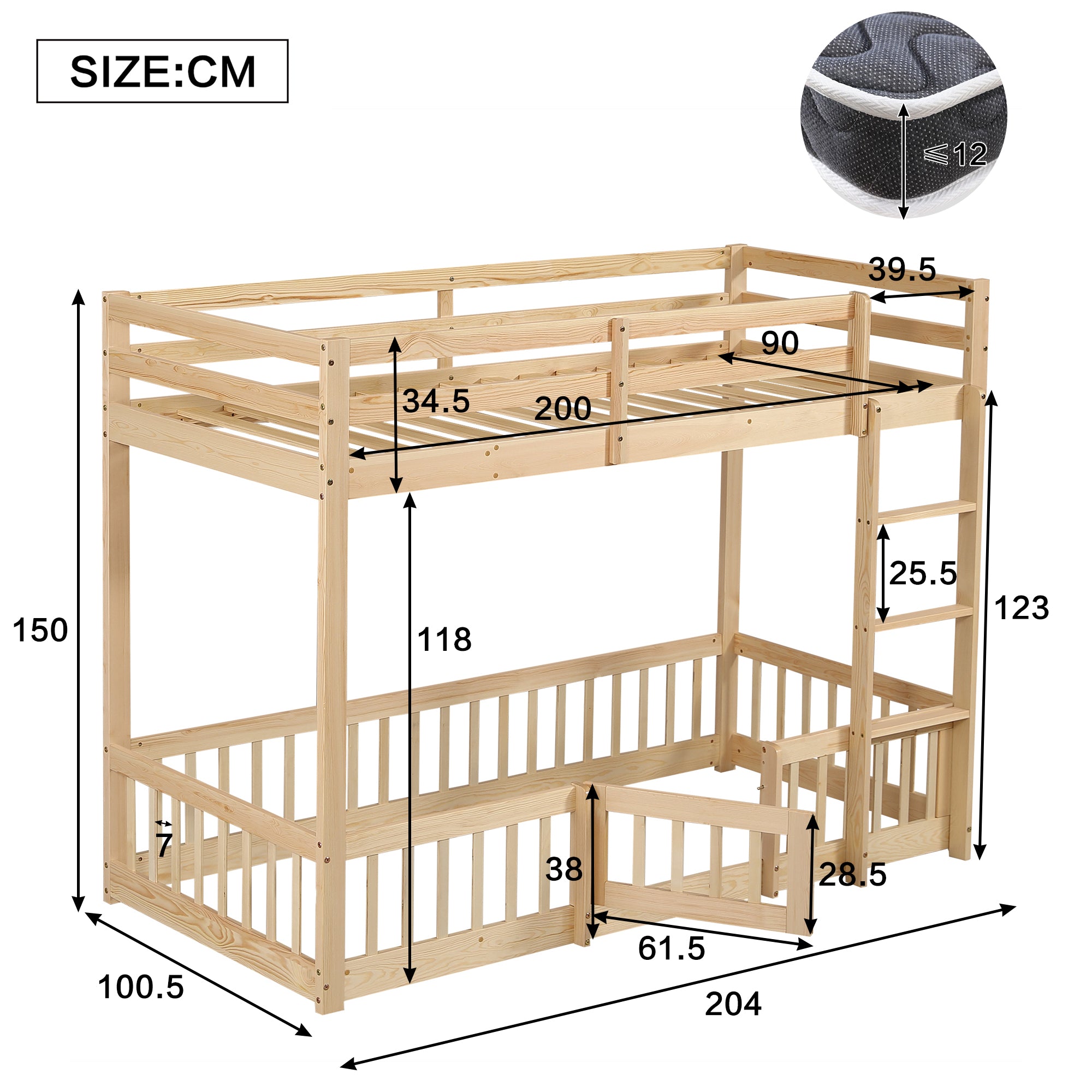 Bunk Bed, Wooden with Stairs, Railing, Fall Protection, Pine