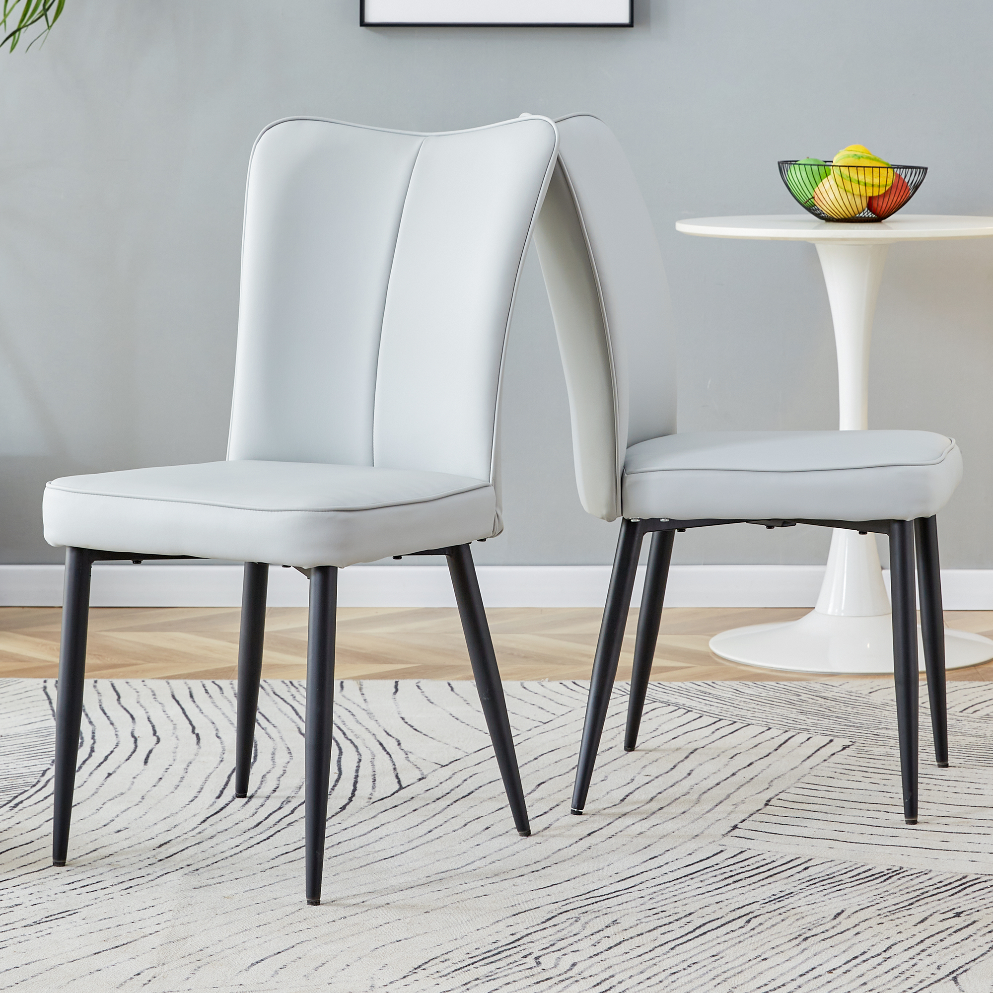 Dining Chairs, Set of 2 Modern 89cm High, Black Metal Legs, Light Grey PU