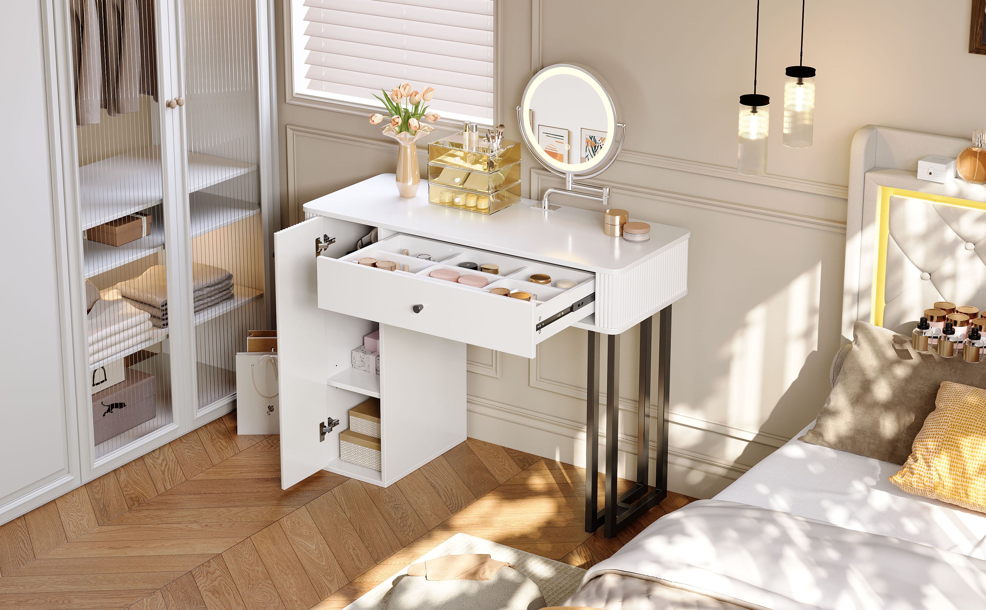 Dressing Table with LED Mirror, 1 Drawer, 1 Door, 3-Color Lighting, White