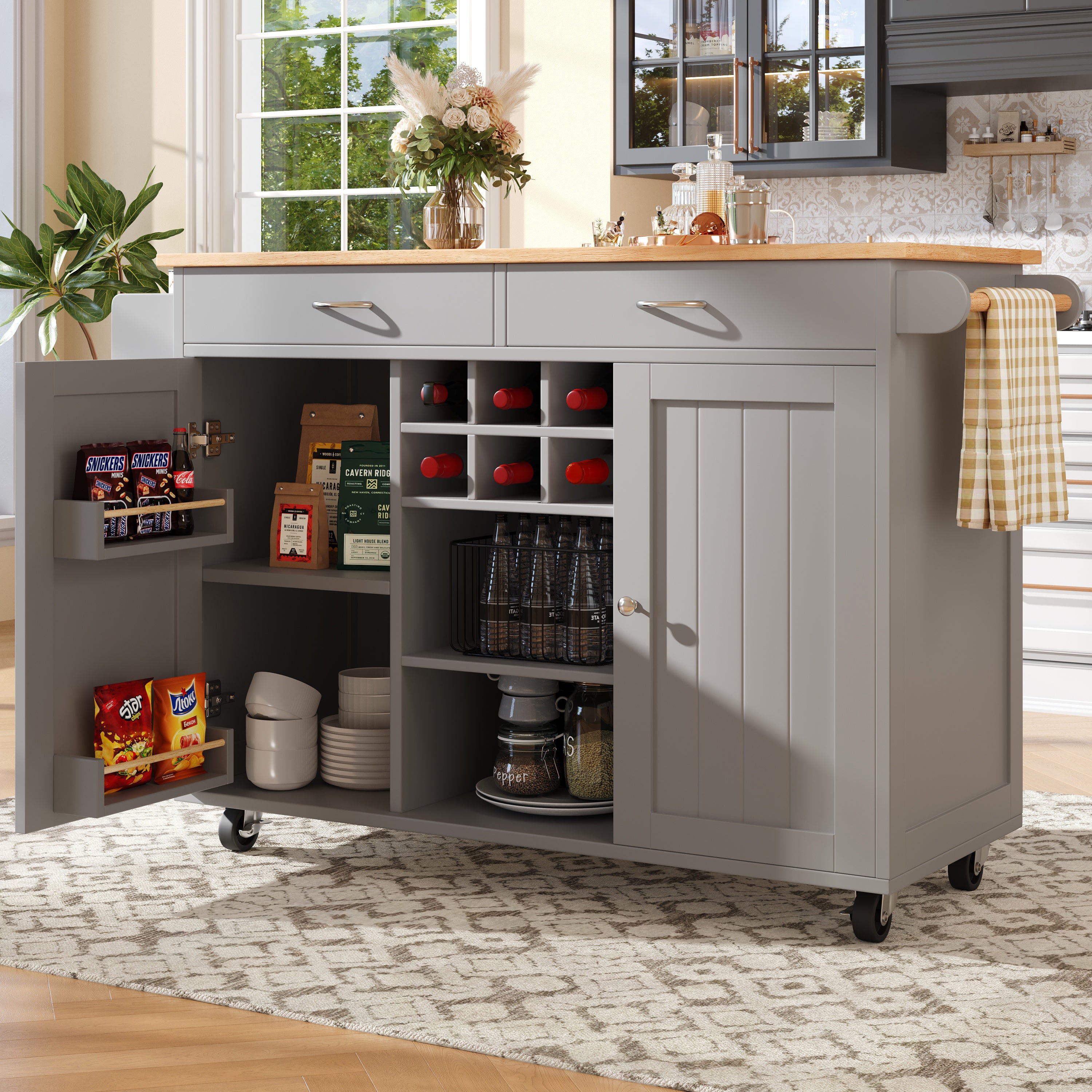 Kitchen Island, Multifunctional Dining Table with Storage, Gray Wood Grain