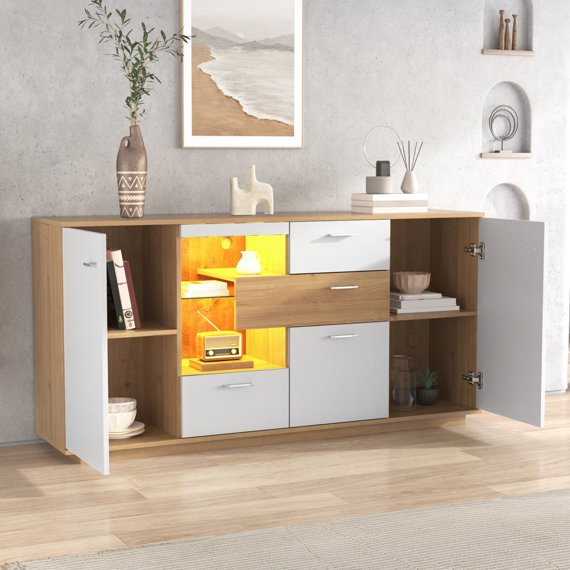 Sideboard Cabinet, 160x40x77cm, LED Lighting, 2 Doors, 4 Drawers, Glass Shelf, White Wood Look
