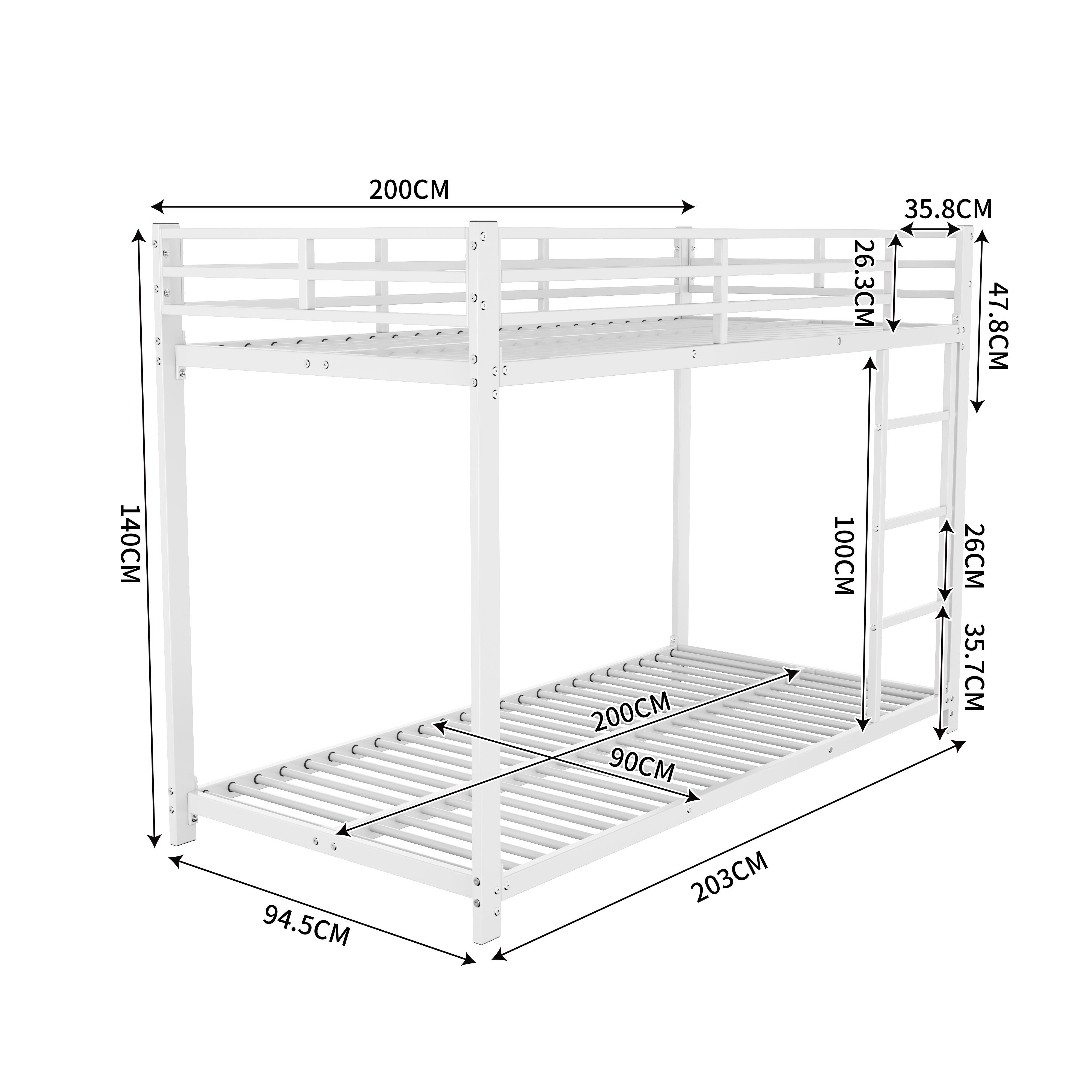 Children's Bunk Beds, Classic 90x200 Iron, White