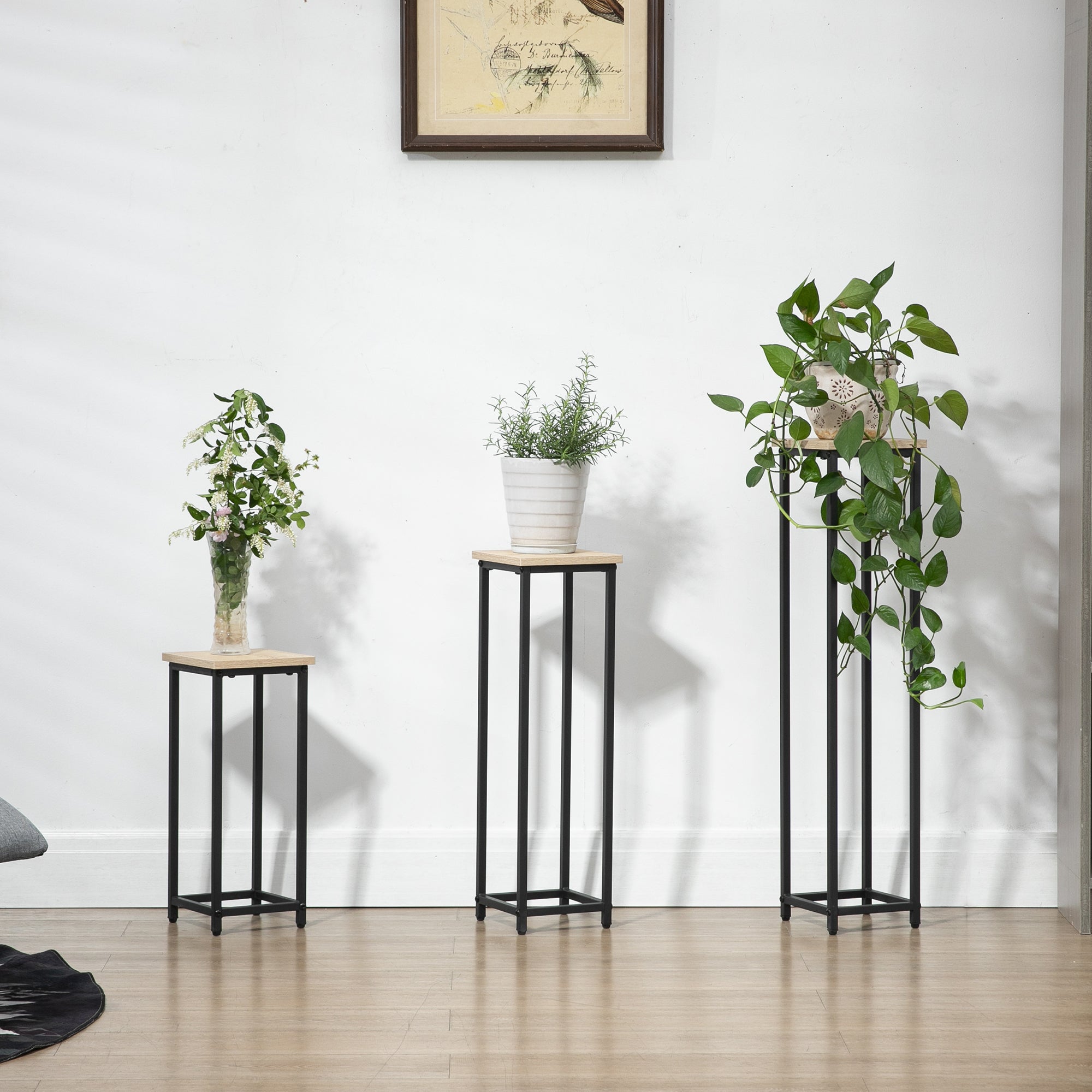 Plant Stand Set 3-piece Flower Stool & Flower Pot Holder Steel Black and Natural