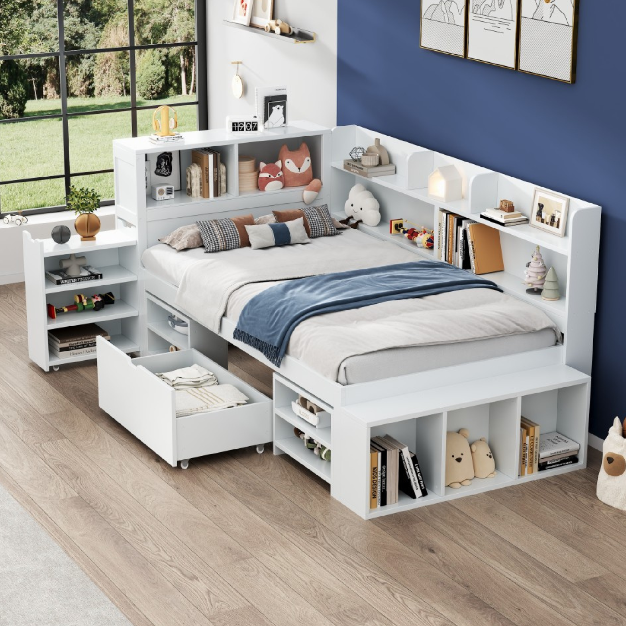 Child's Single Bed 90x190cm Drawers Shelves Storage - White
