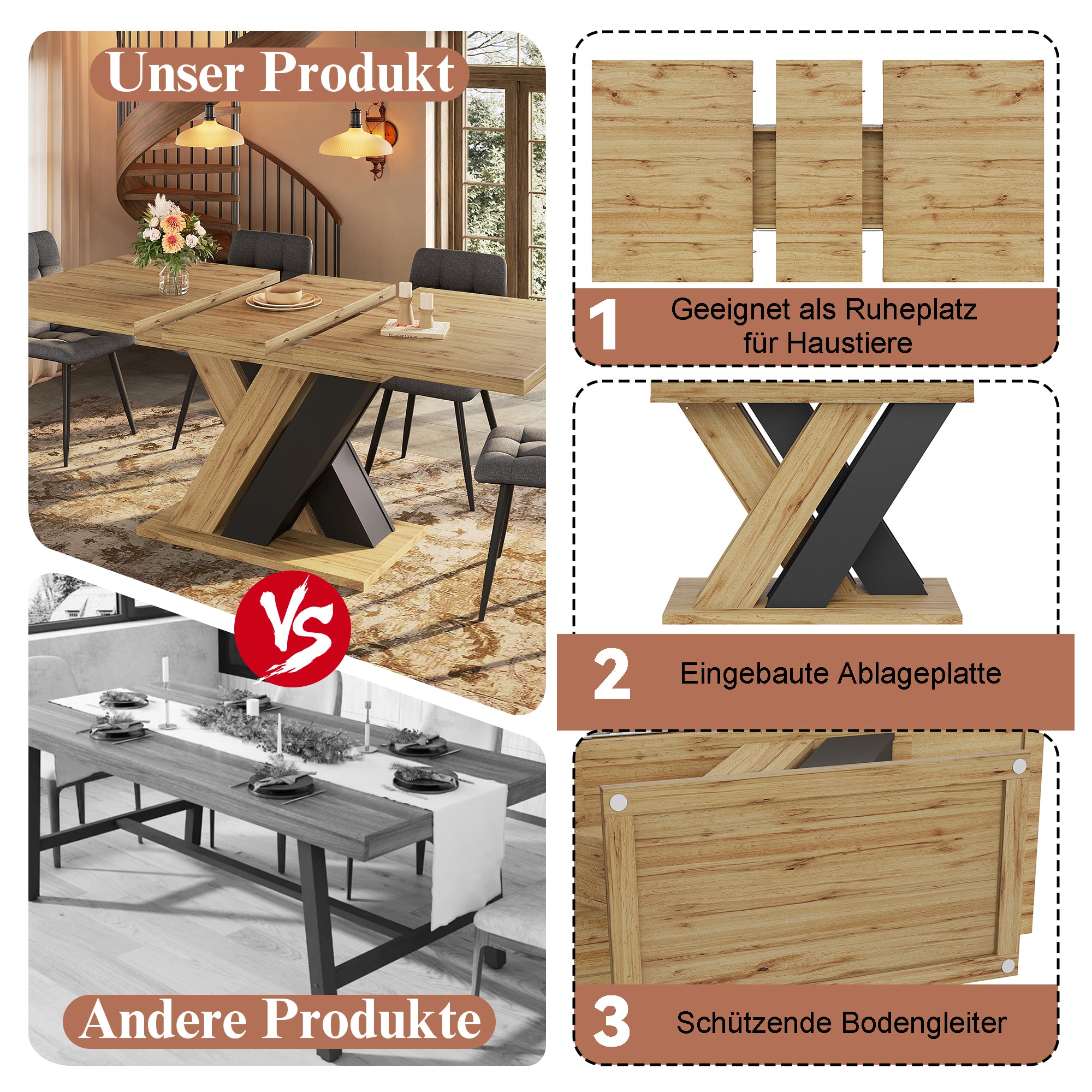 Telescopic Dining Table 119-158.5x80cm Extendable X-Legs - Wood Color