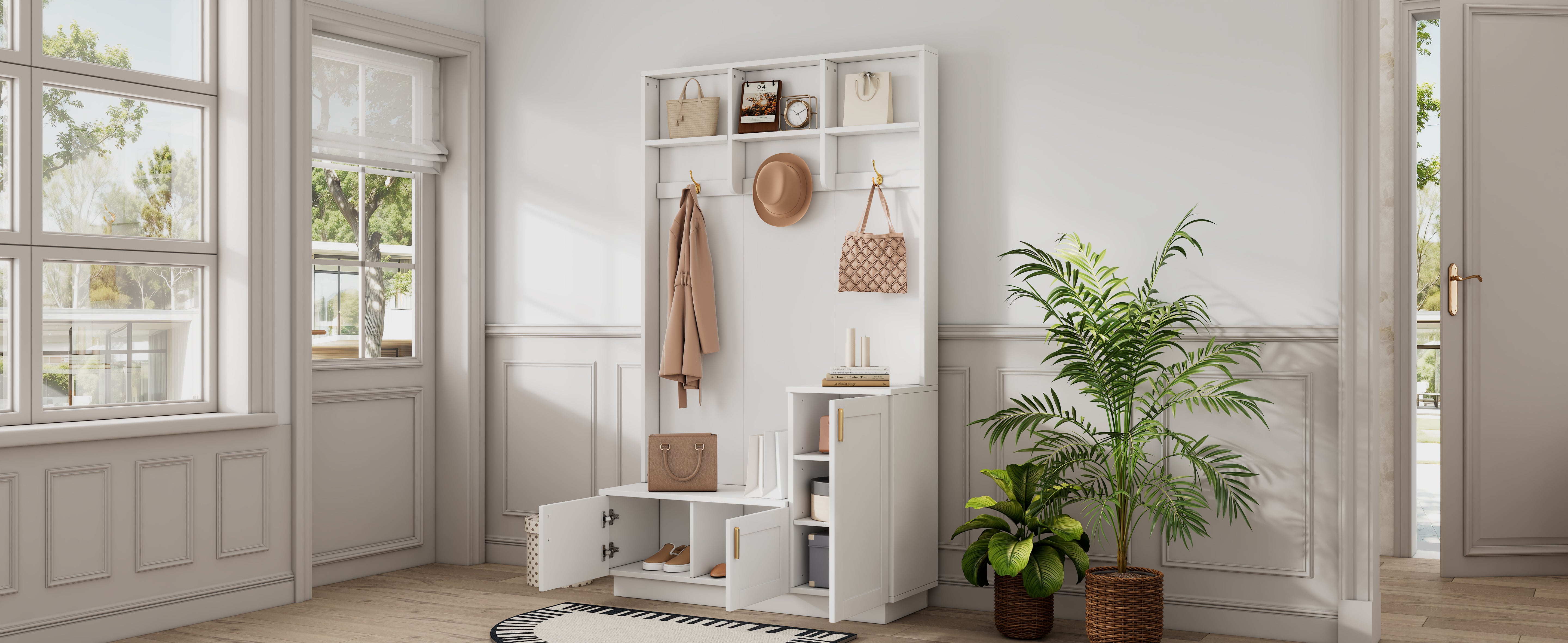 Wardrobe Set with Bench & Shoe Rack, Multifunctional Storage, White