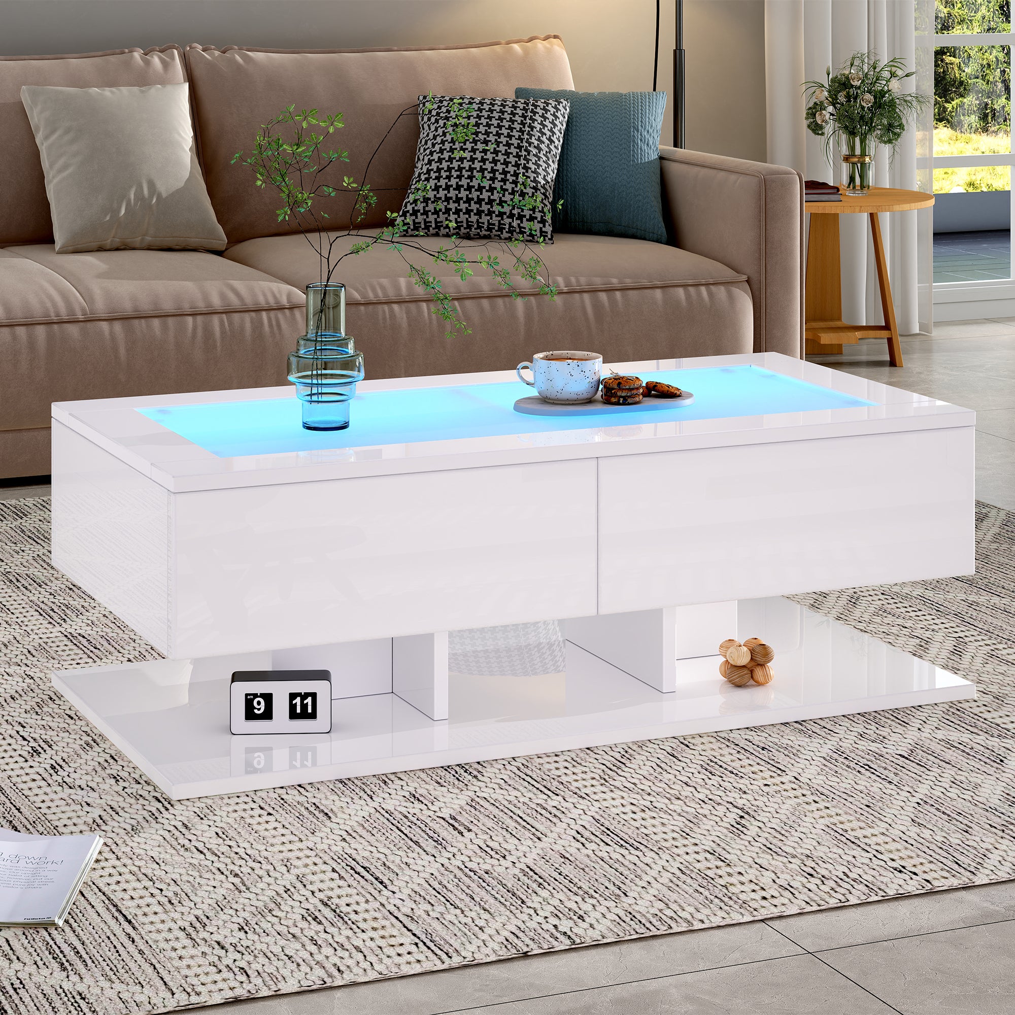 Coffee Table 100x50x35cm, High-Gloss with Drawers, LED Light & Glass Top, White