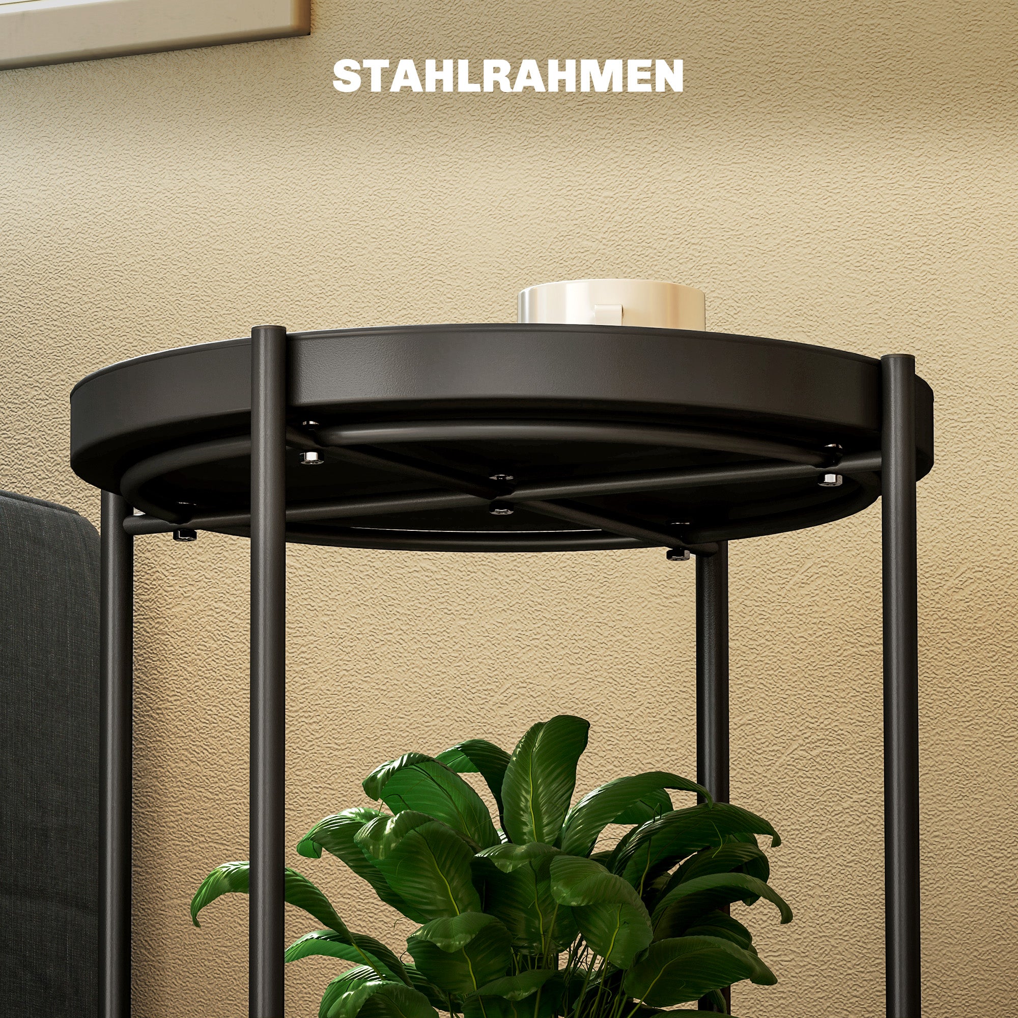 Side Table, 2 Shelves Round Coffee Table, Steel Black