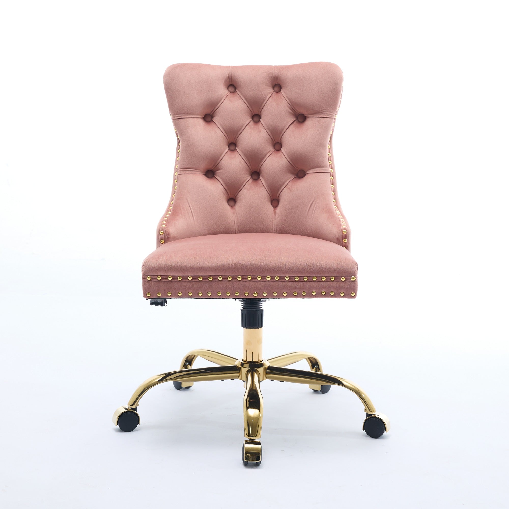 Home Office Chair Modern Velvet Upholstered Tufted Button Adjustable Swivel Golden Base - Pink