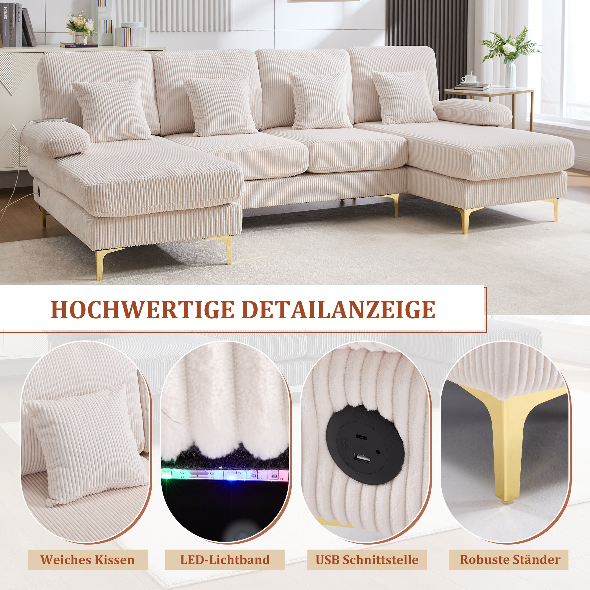 U-shaped Sofa, LED Ambient Lighting, USB-C Port, Solid Wood Frame, Beige