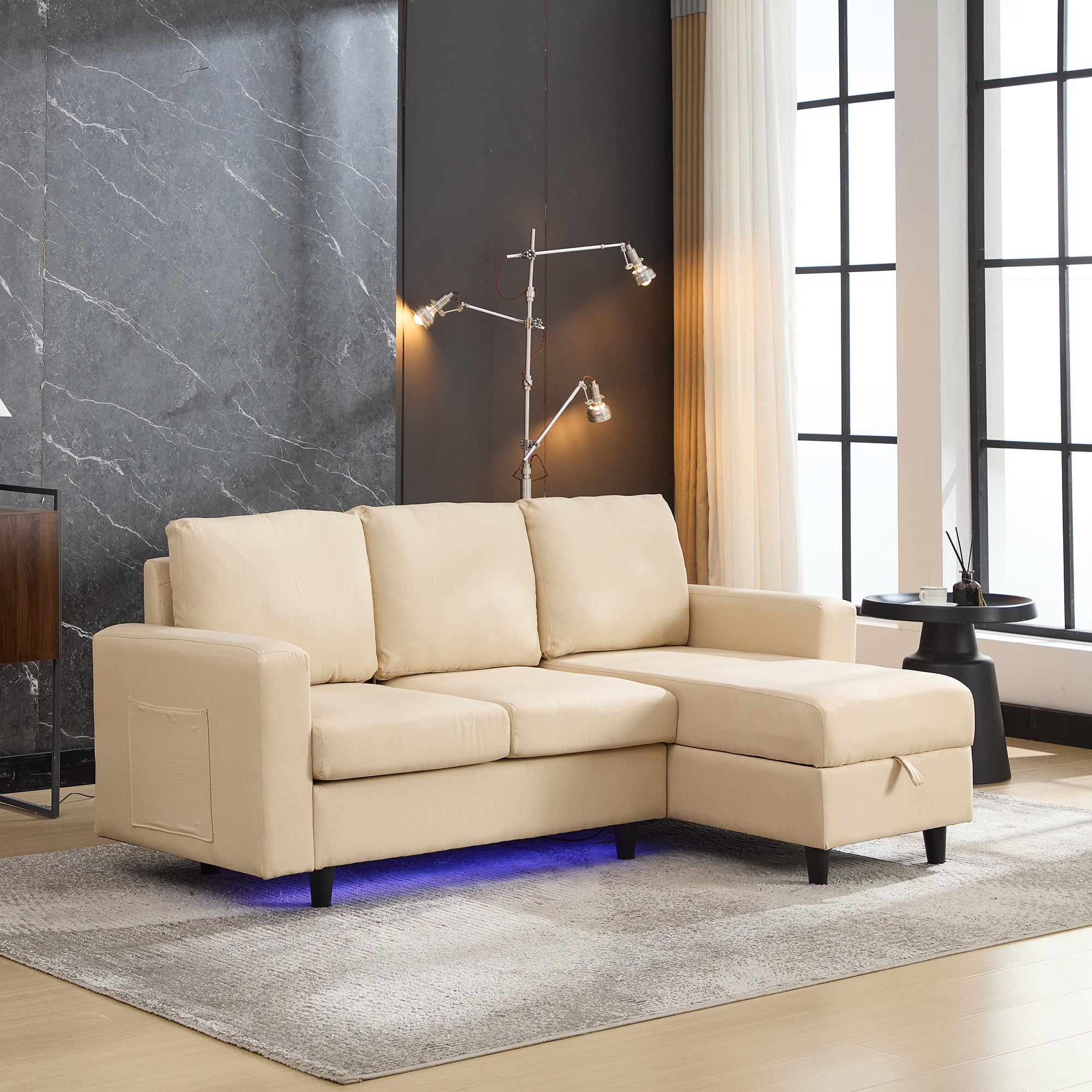 L-Shaped Sofa Bed, 3 Seater Sleeper with Storage, USB, and LED, Beige