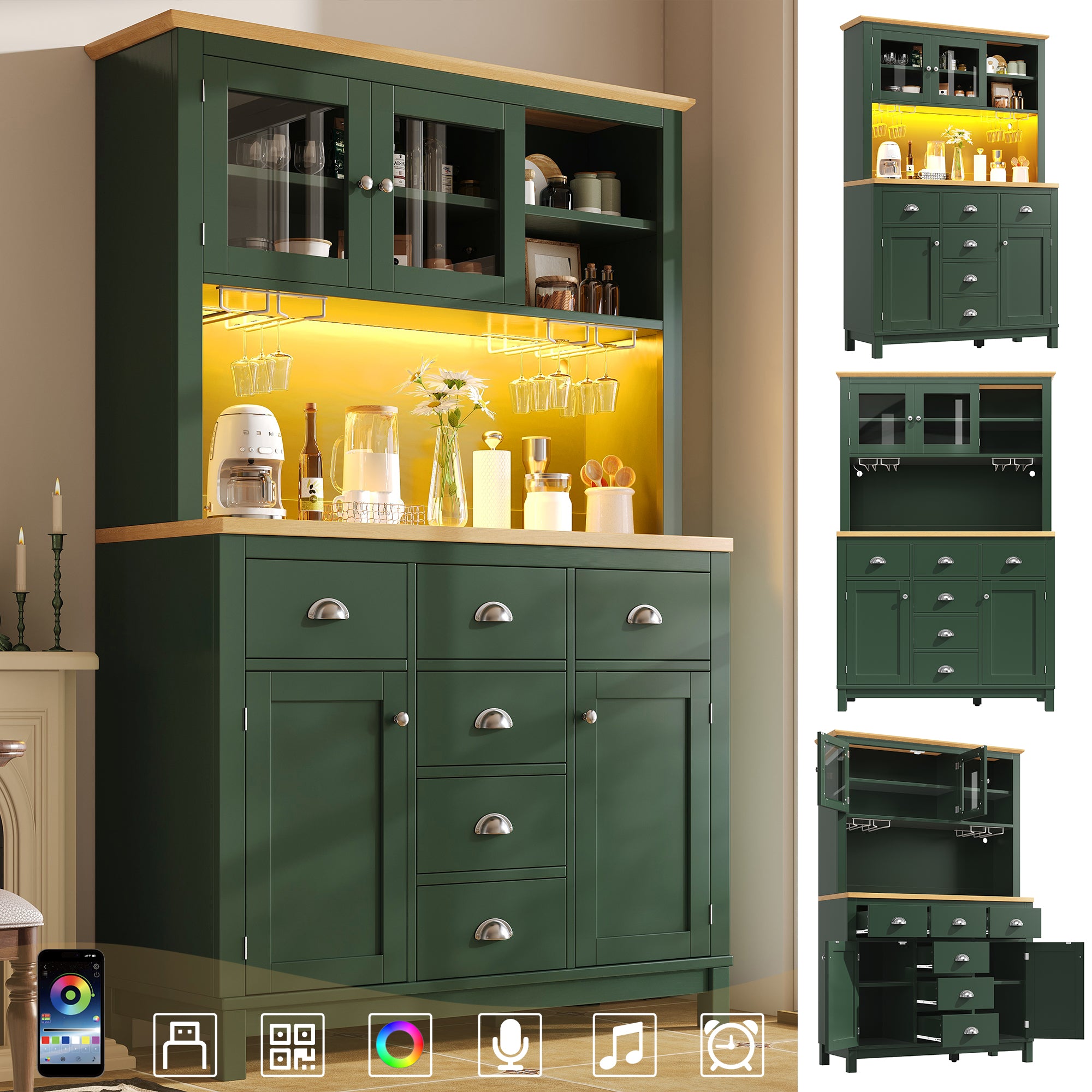 Buffet Sideboard Cabinet with 4 Doors and LED Lights, Green and White