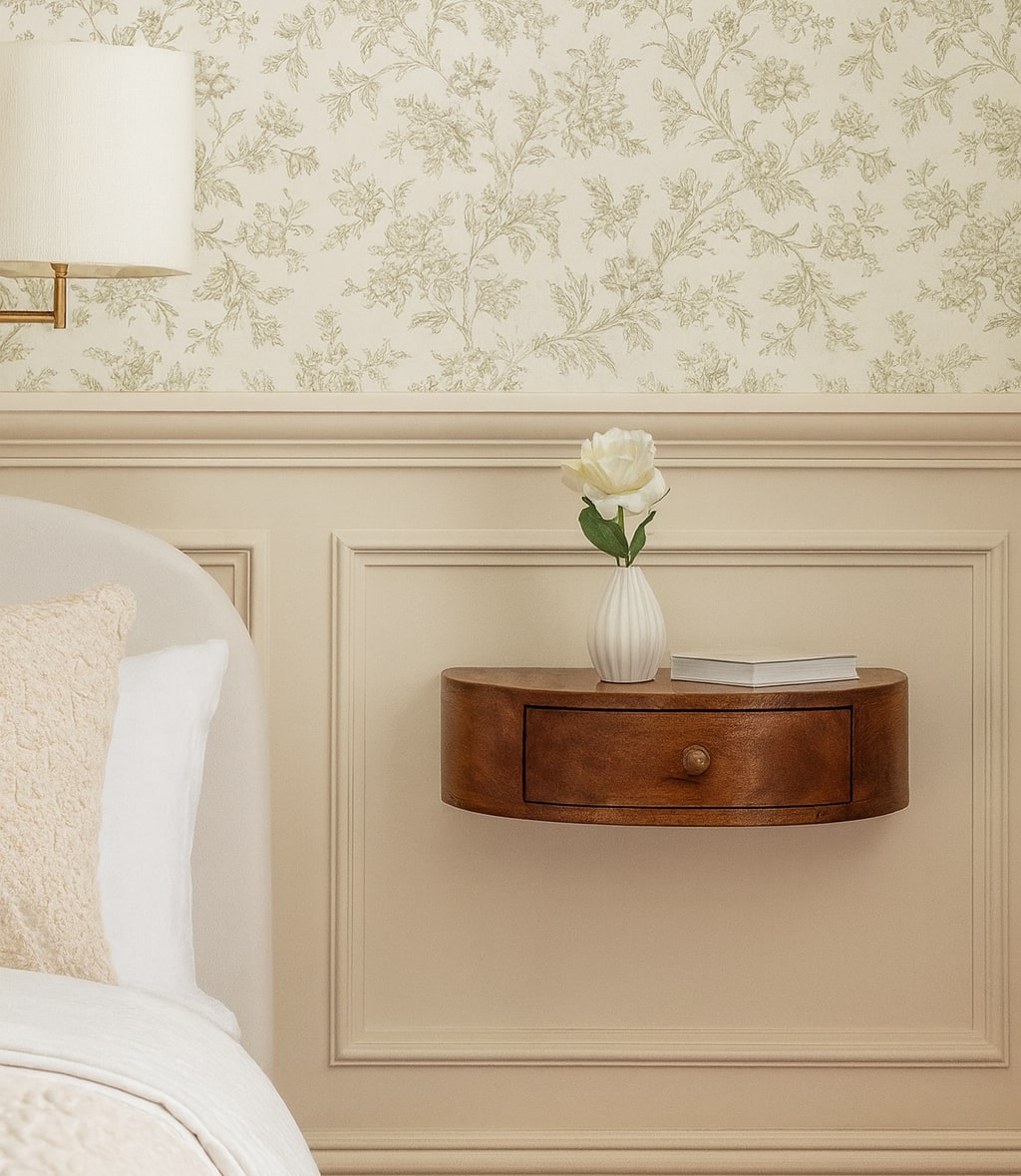 Solid Wood Bedside, Wall Mounted Rounded 1 Drawer, Dark Brown