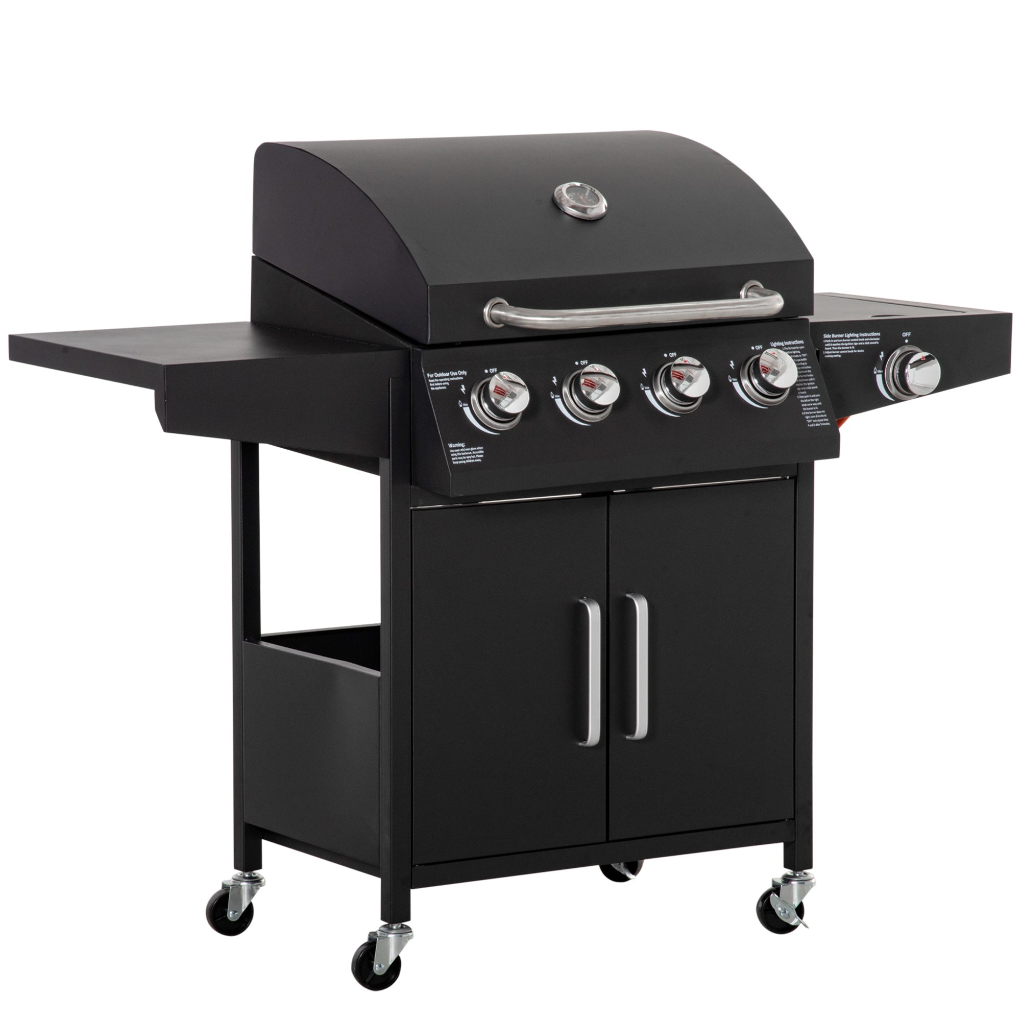 Gas BBQ Grill, 3 Burners 3kW Mobile Cart Side Tables, Metal