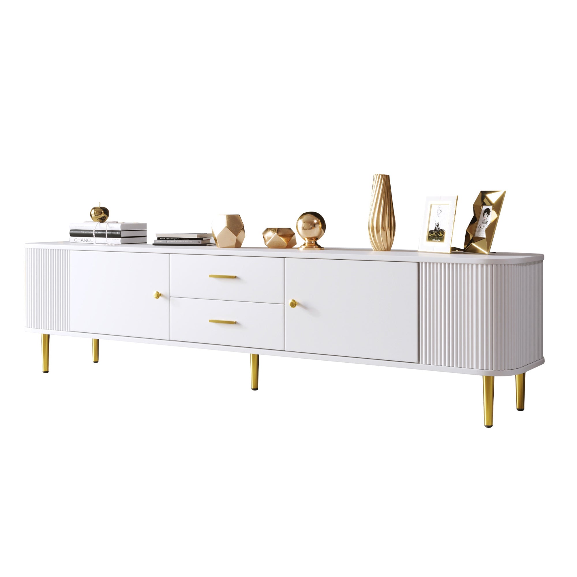 TV Cabinet, Curved Corners Wavy Sides Drawers, Gold Handles and Legs