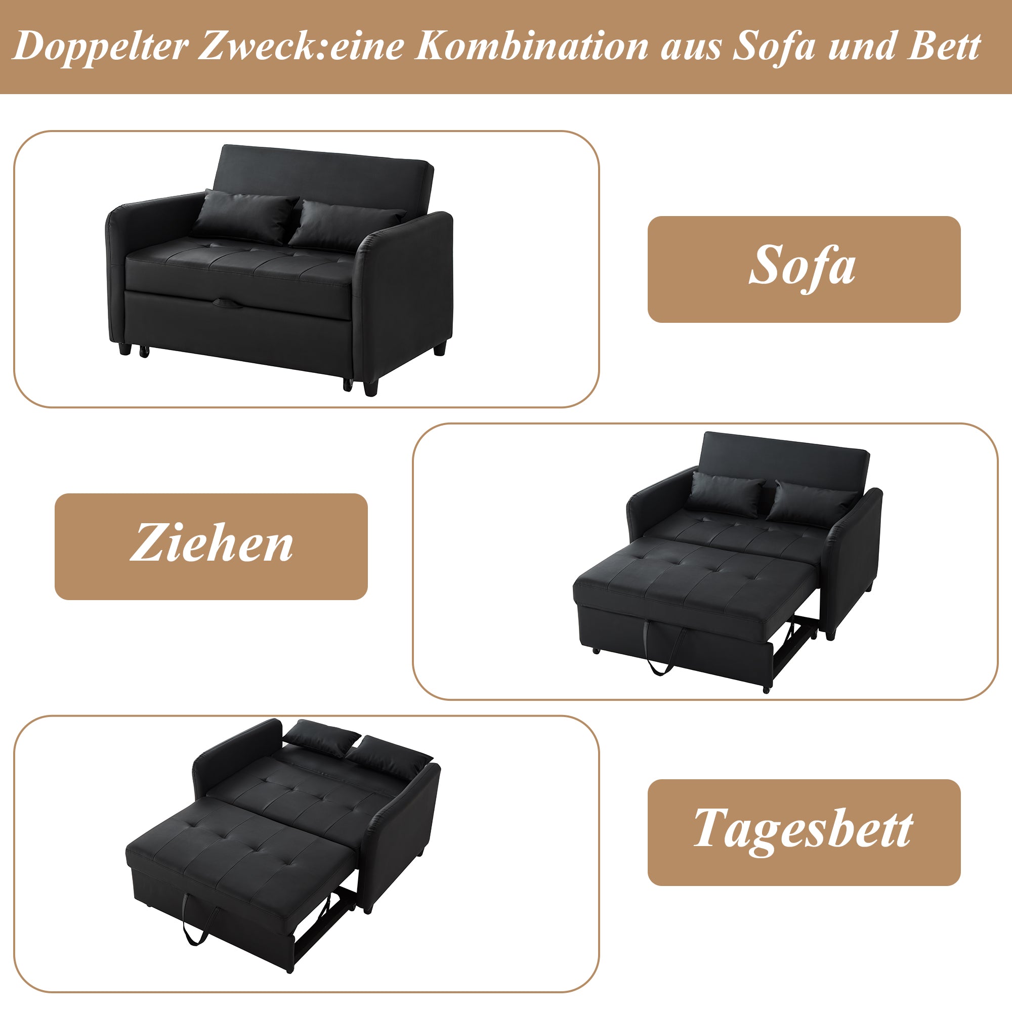 Multifunctional Sofa Bed Two-Seater Pull-Out, 3-Position Adjustable Backrest, Water-Repellent PU Material