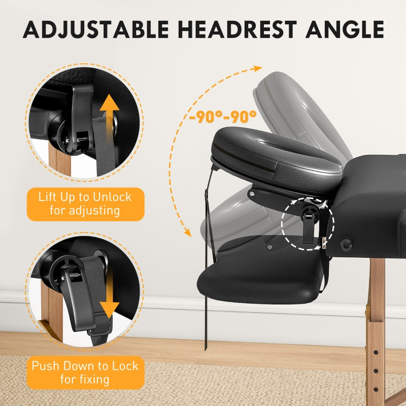 Foldable Massage Table, Beech Wood Legs - Black