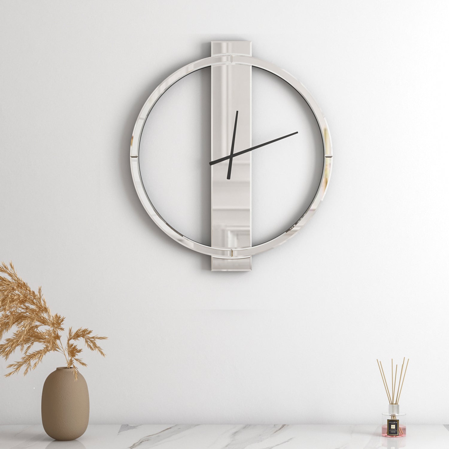 Modern Wall Clock Large Decorative 23" Mirror Glass Finish