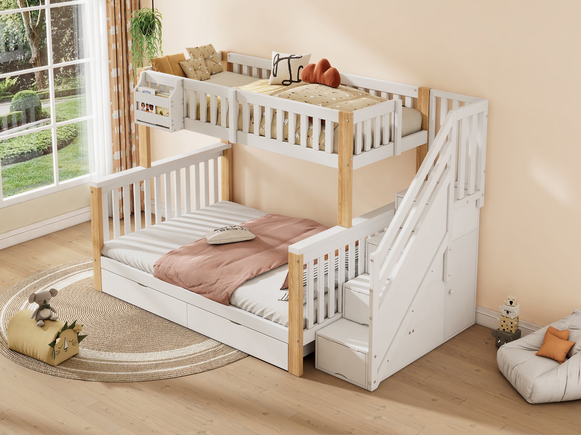 Children's Bunk Bed, Multifunctional Double Bed with Storage, White + Natural Color