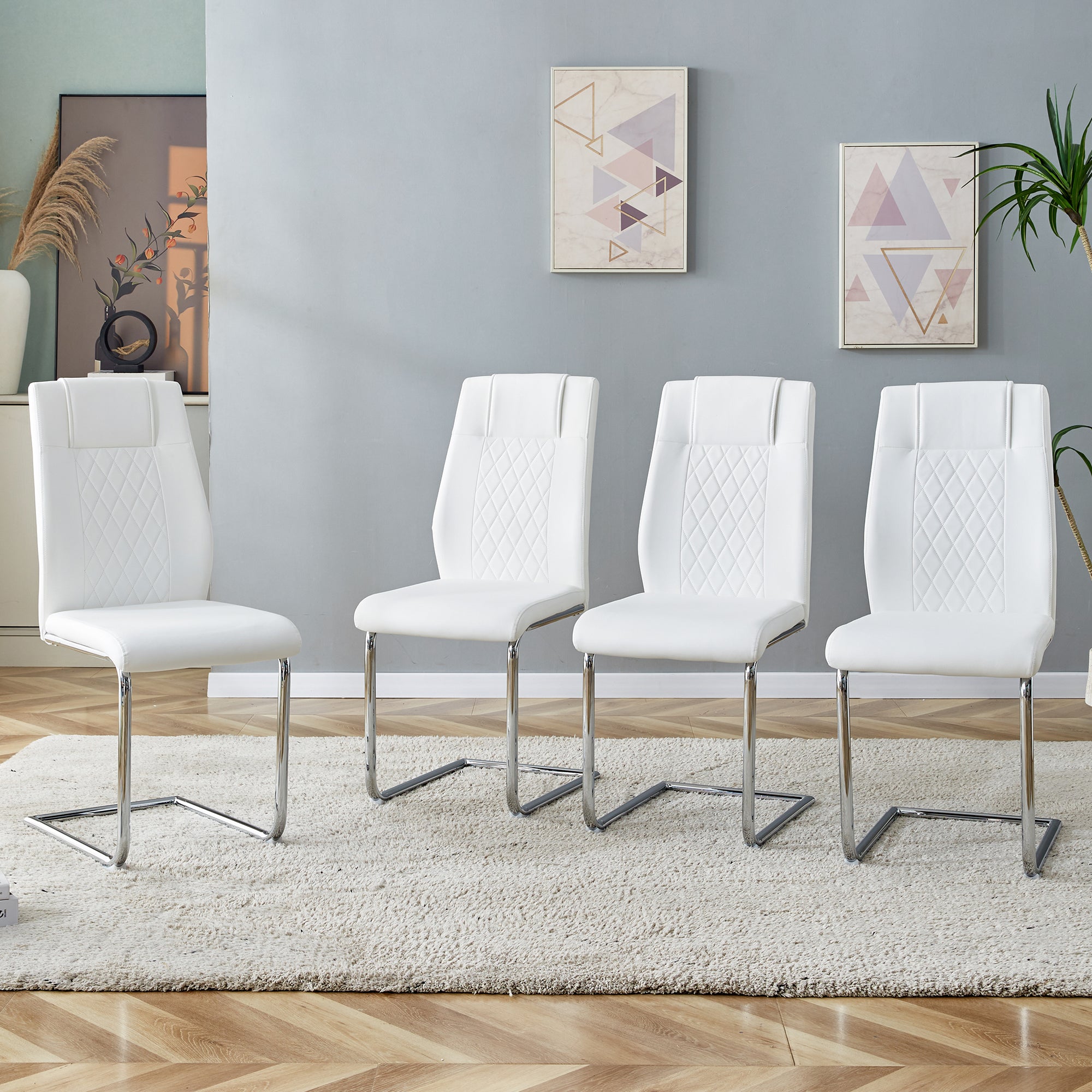 Scandinavian Dining Chairs, Mesh Back, Silver Metal Legs, White PU