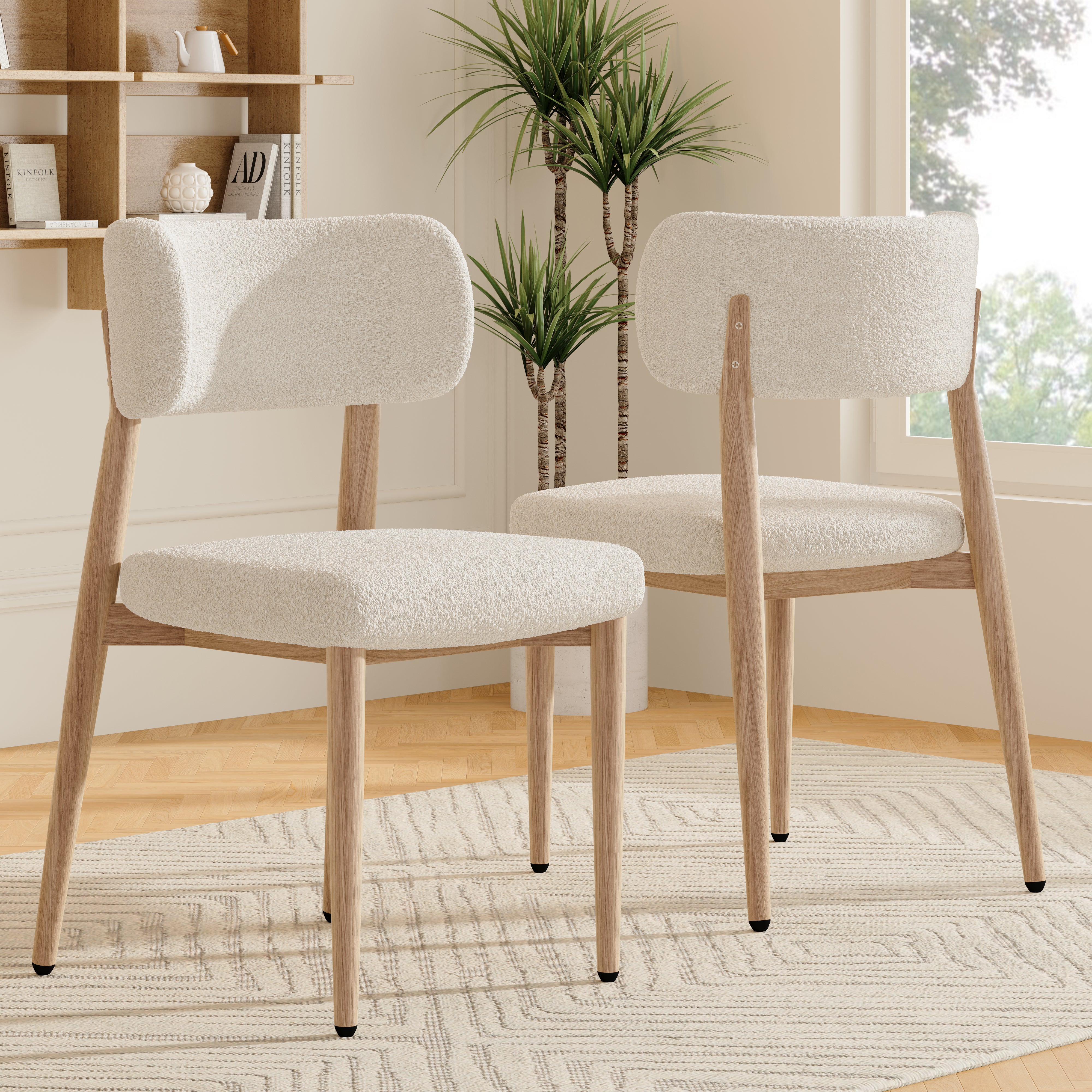 Set of 2 Dining Chairs, Metal with Wood Look and Breathable Backrest, Natural Bouclé