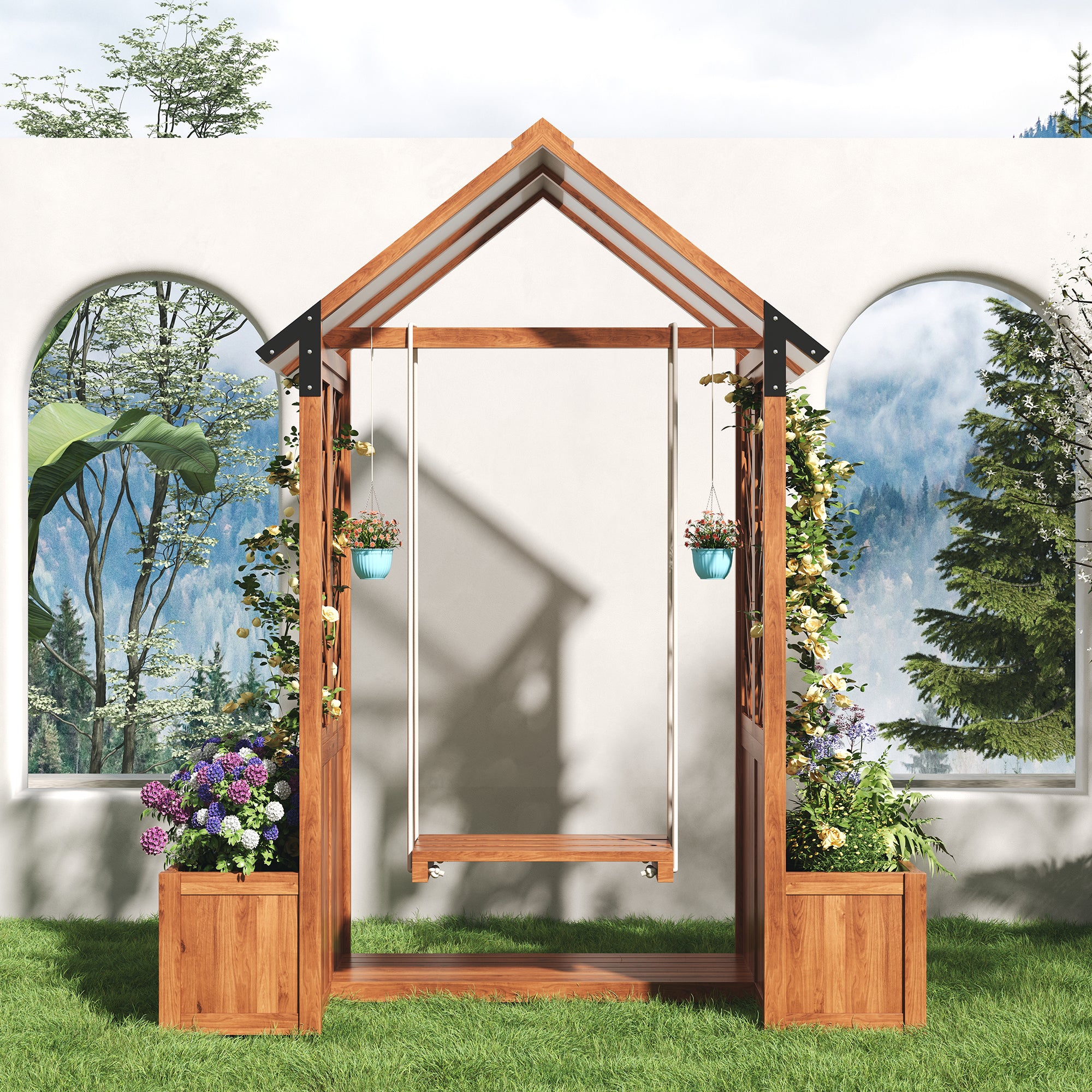 Planter with Trellis and Sunroof, Brown Solid Wood