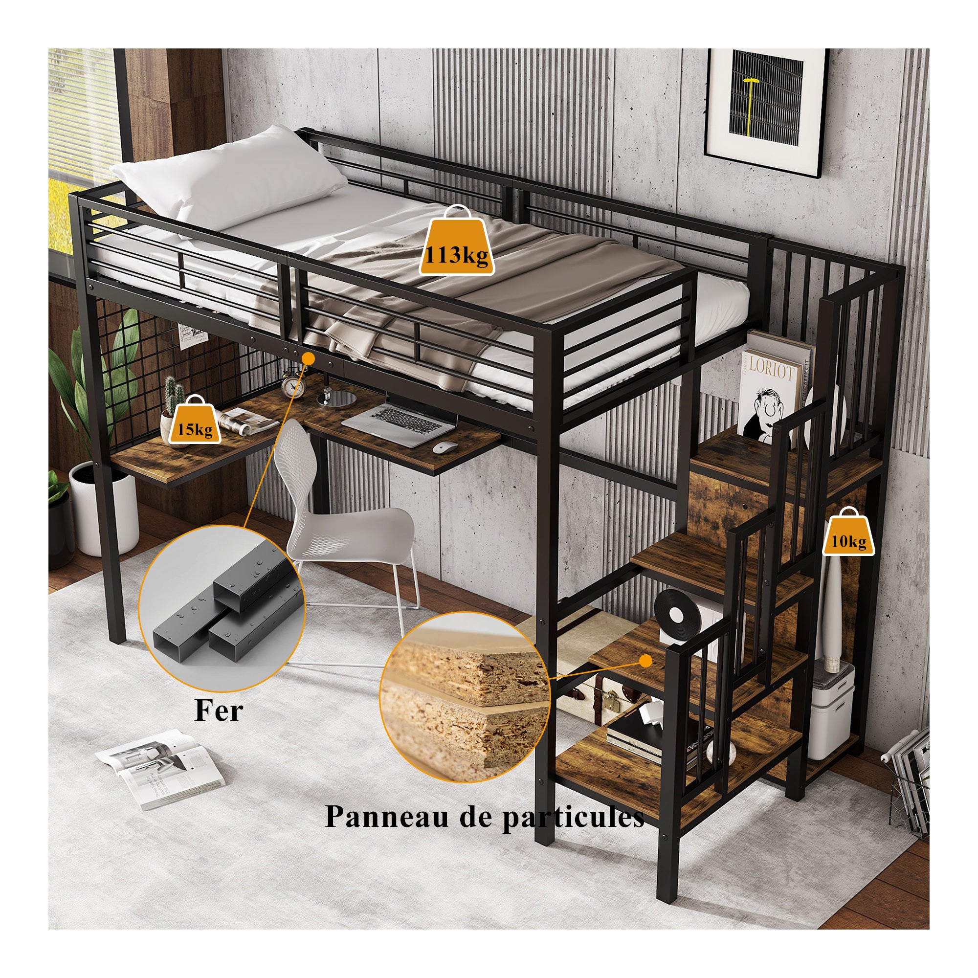 Iron Bunk Bed, Loft Bed with Table & Wardrobe, 90x200cm, Black Iron & Dark Wood