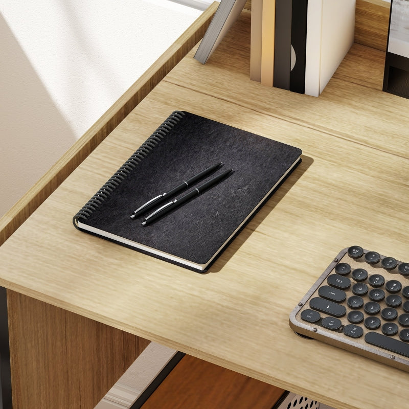 Folding Computer Desk with 2 Pull-out Panels and Sturdy Metal Legs, Oak+Black