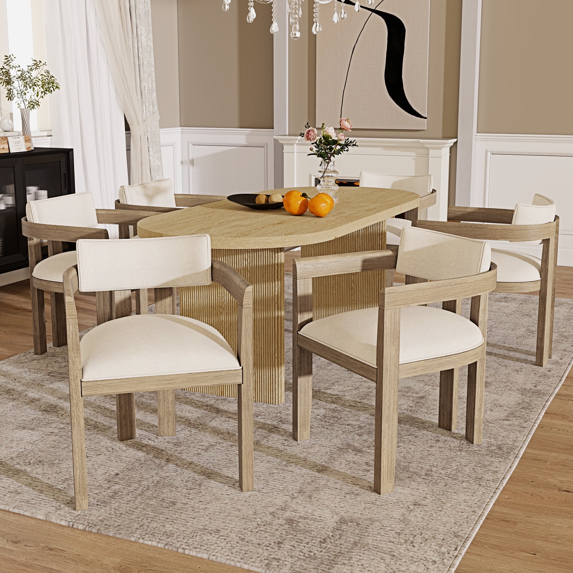 Solid Wood Dining Chairs Set of 6, Modern Style for Dining and Living Room, Linen Fabric Natural Color