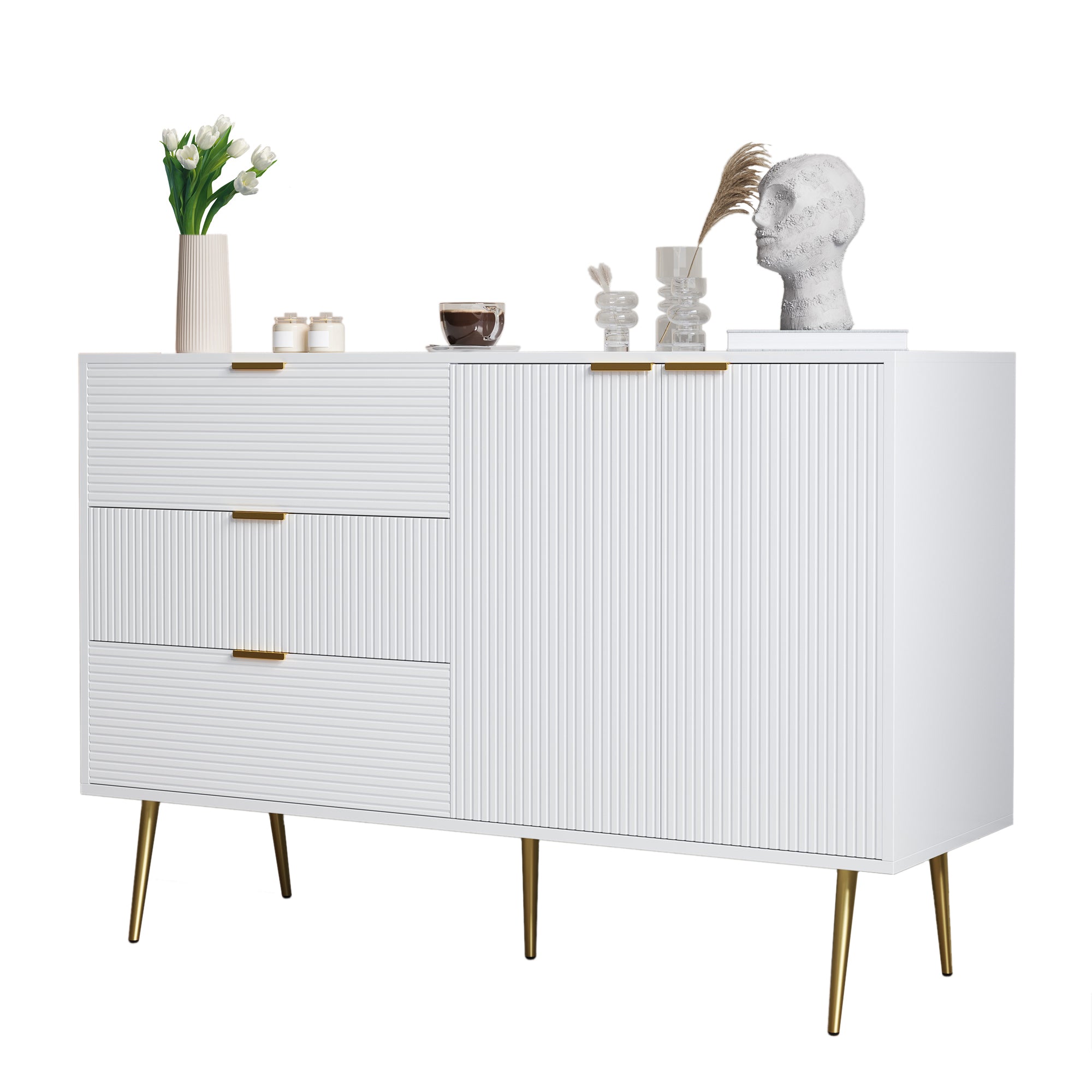 Sideboard, Living Room Cabinet with Doors & Drawers, Interior Shelves, Golden Handles & Legs
