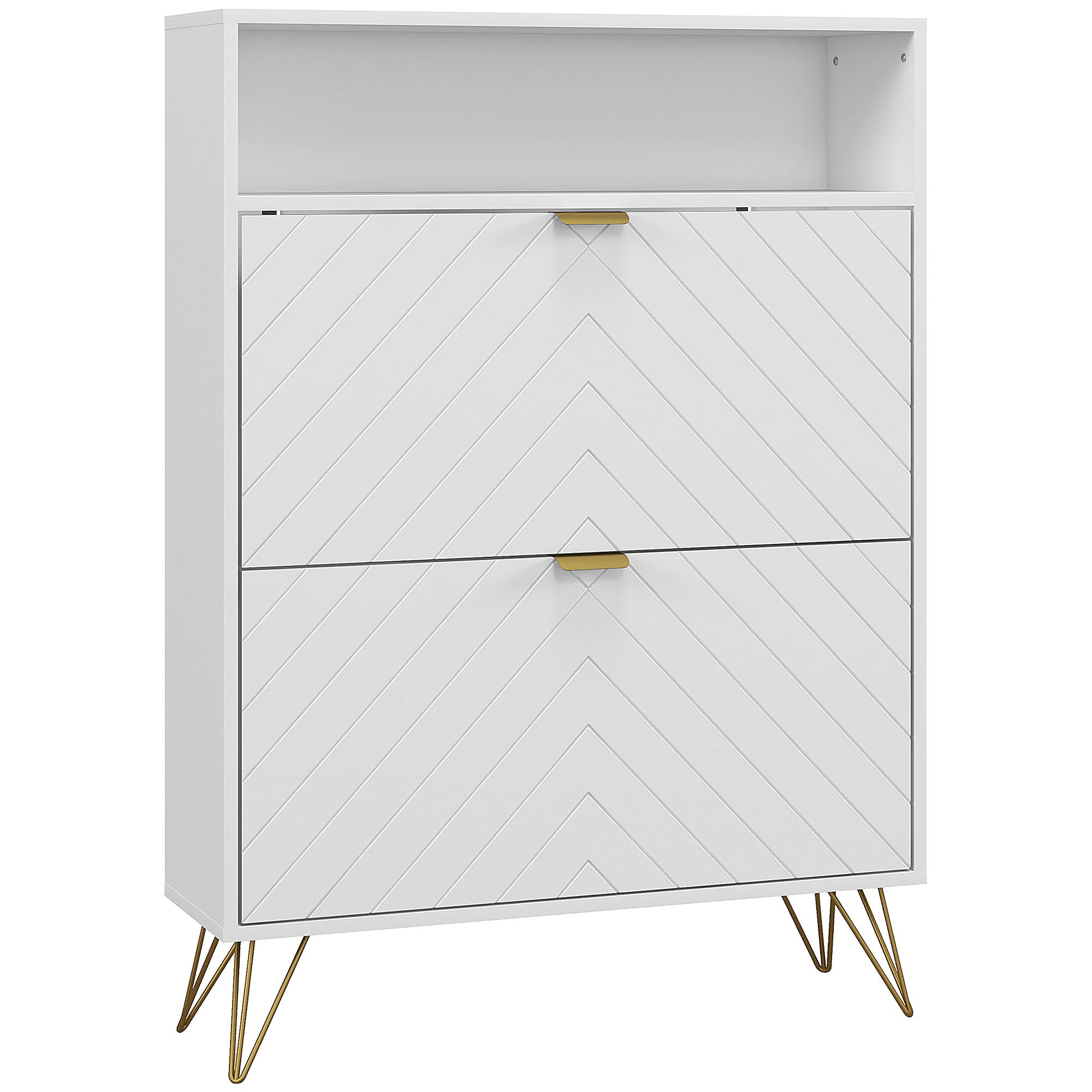 Shoe Storage Cabinet, 12 Pair Capacity with Chevron Indents and Gold Accents - White