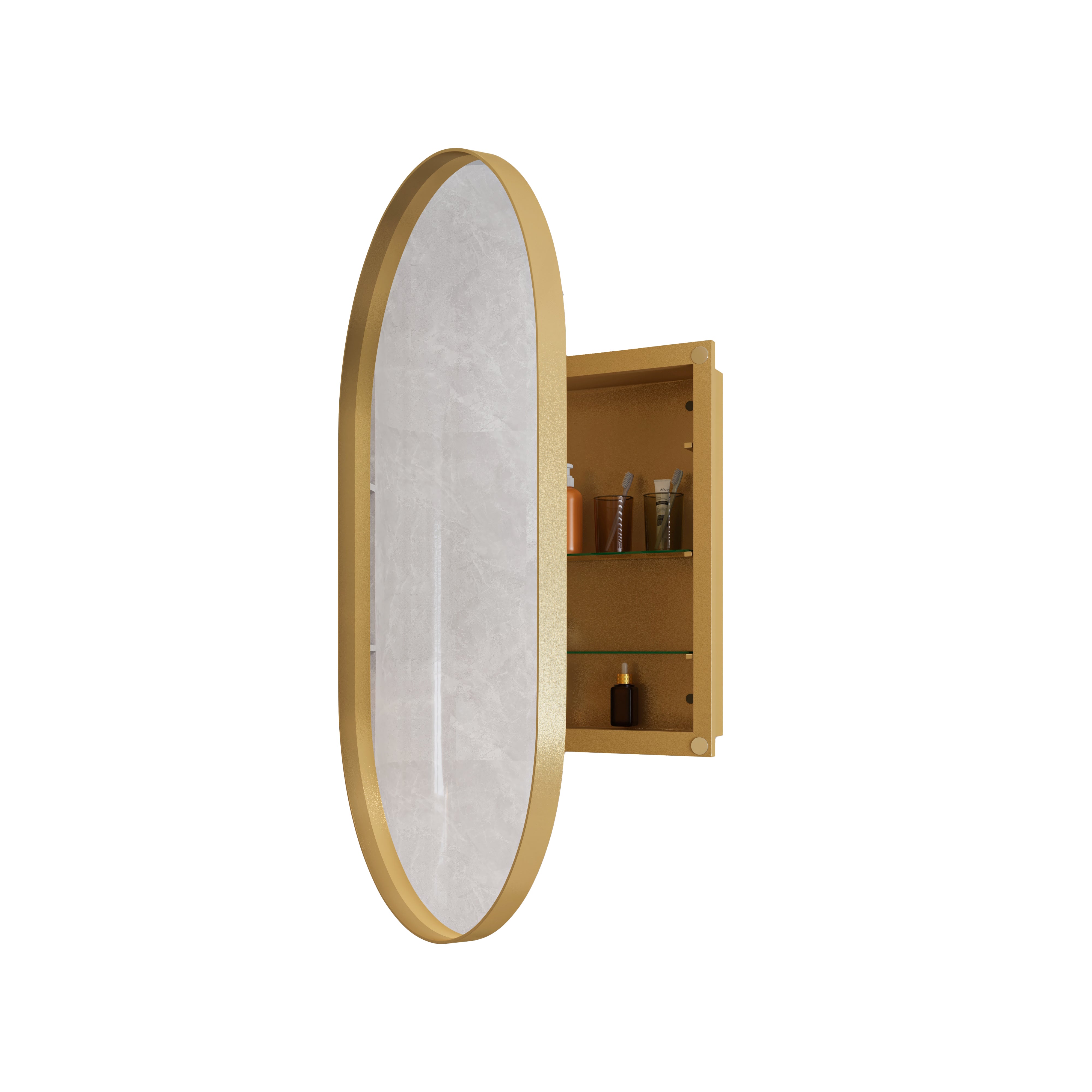 Oval Mirror Cabinet, Recessed Medicine Wall Storage Adjustable Shelves, Gold Metal Framed