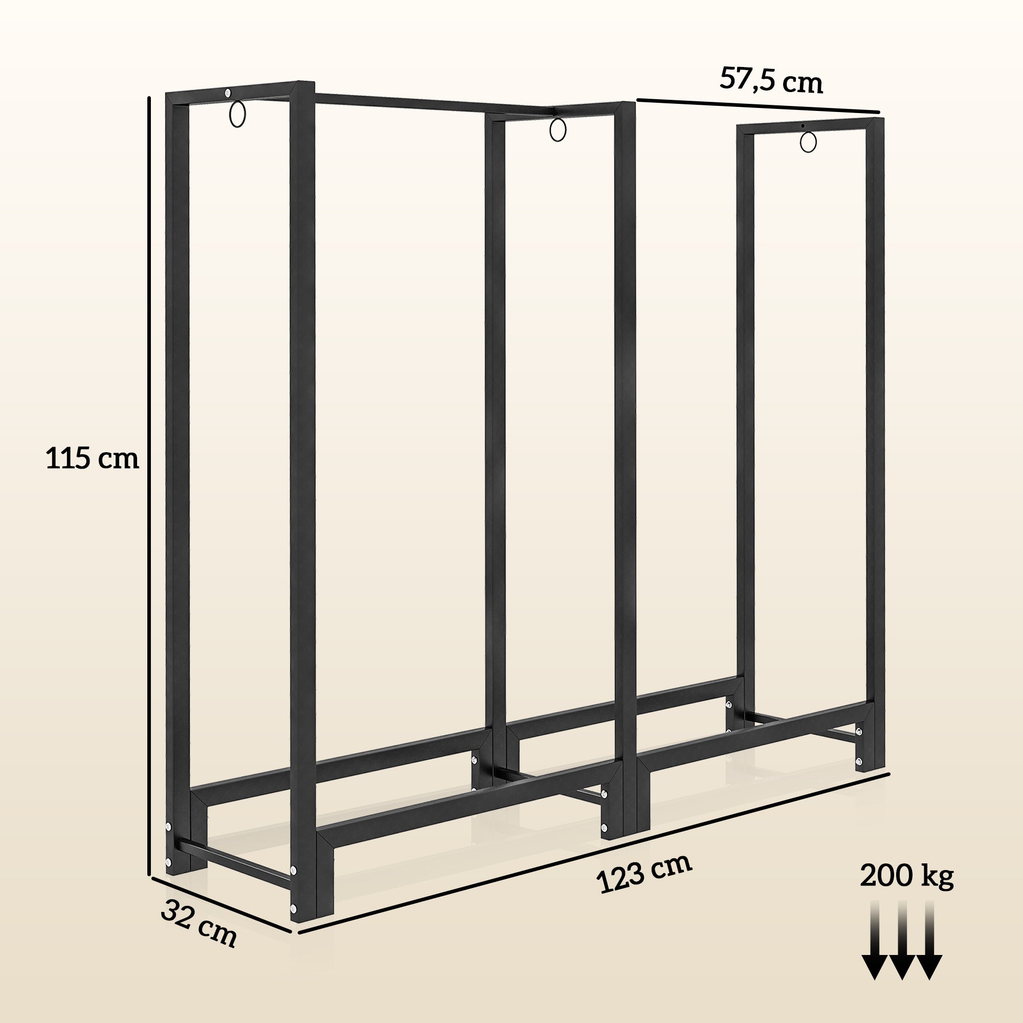 Firewood Rack with Two Sections, Three Hooks, 200 kg Load Capacity, Steel, Black