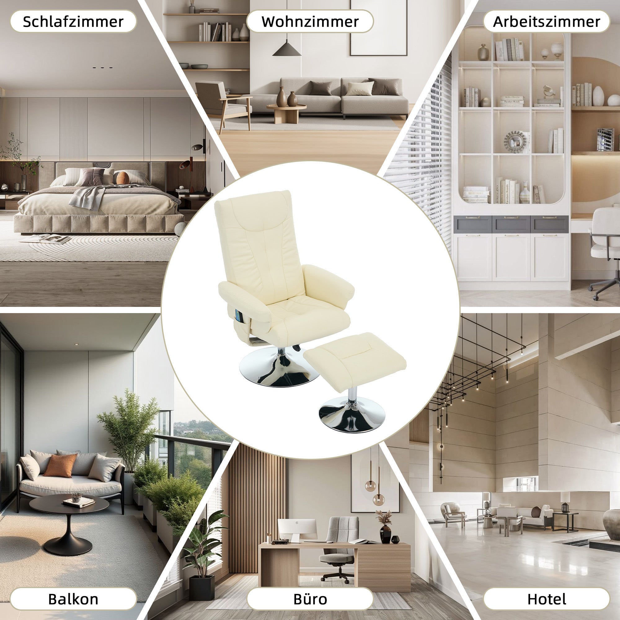 Recliner Chair with 5-Point Massage, Electric Heating, 360° Swivel, PU Fabric Beige