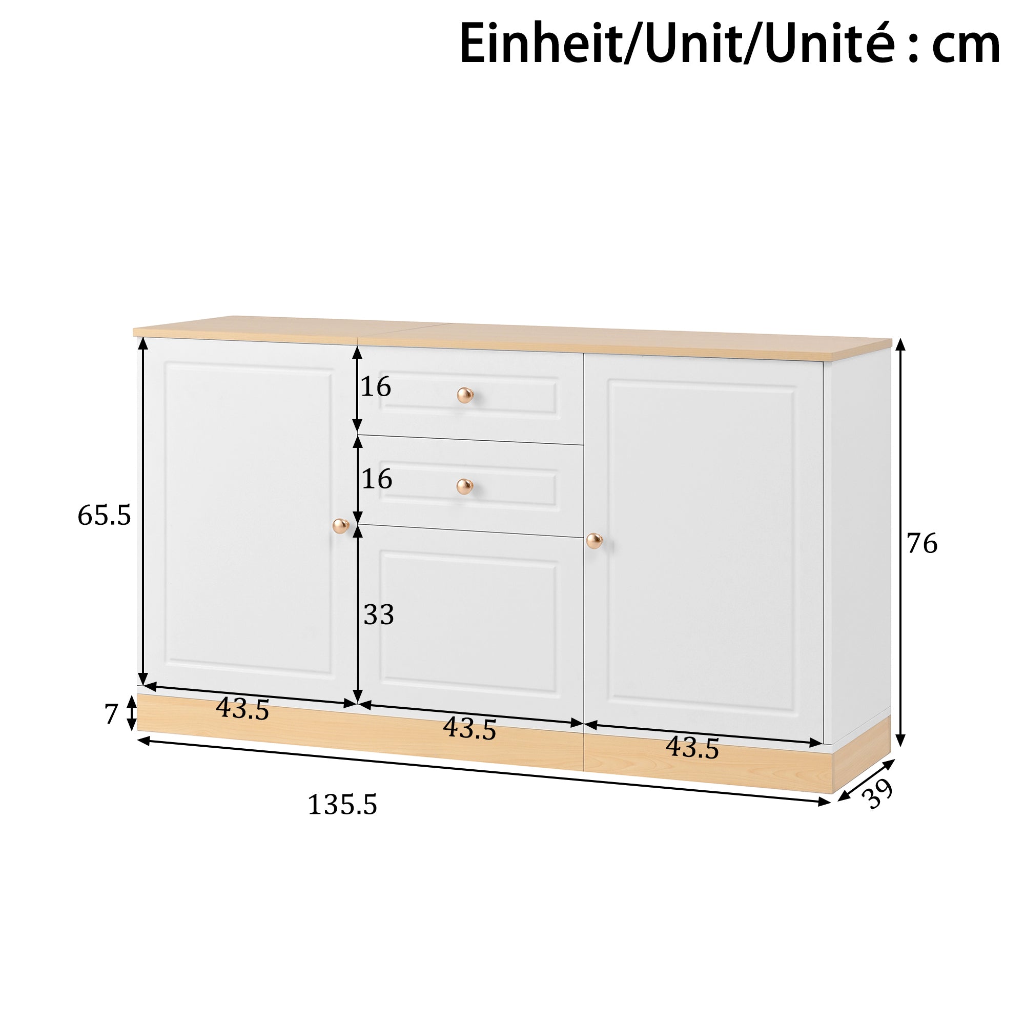 Sideboard with 3 Doors and 2 Drawers, Multifunctional Storage Furniture