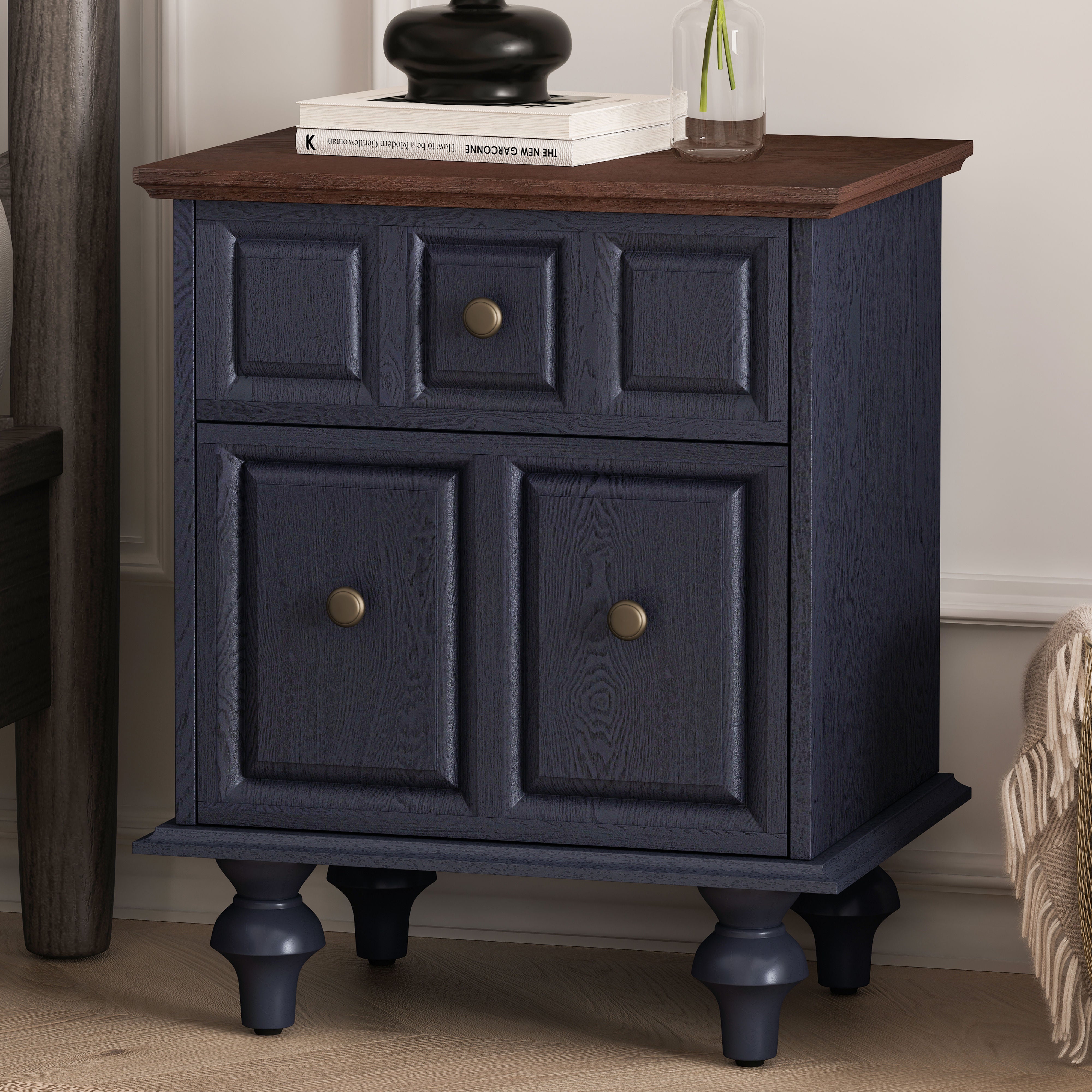 Vintage Bedside Table 52CM with 2 Drawers Roman Column Legs Solid Wood Dark Blue