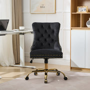 Home Office Chair Velvet Upholstered Tufted Swivel Adjustable Golden Base - Black