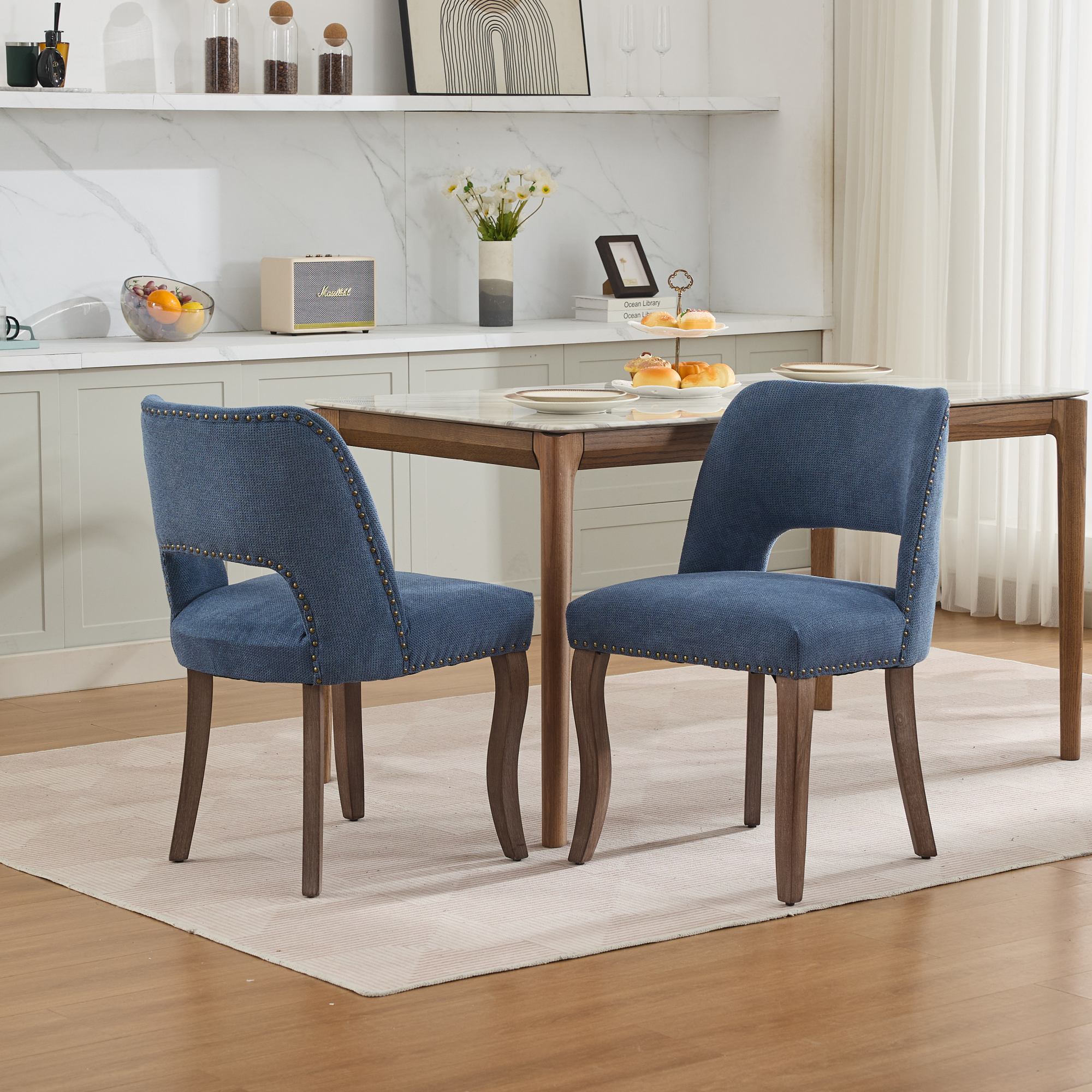 Wooden Dining Chairs Set of 2 Modern Fabric Upholstered - Blue