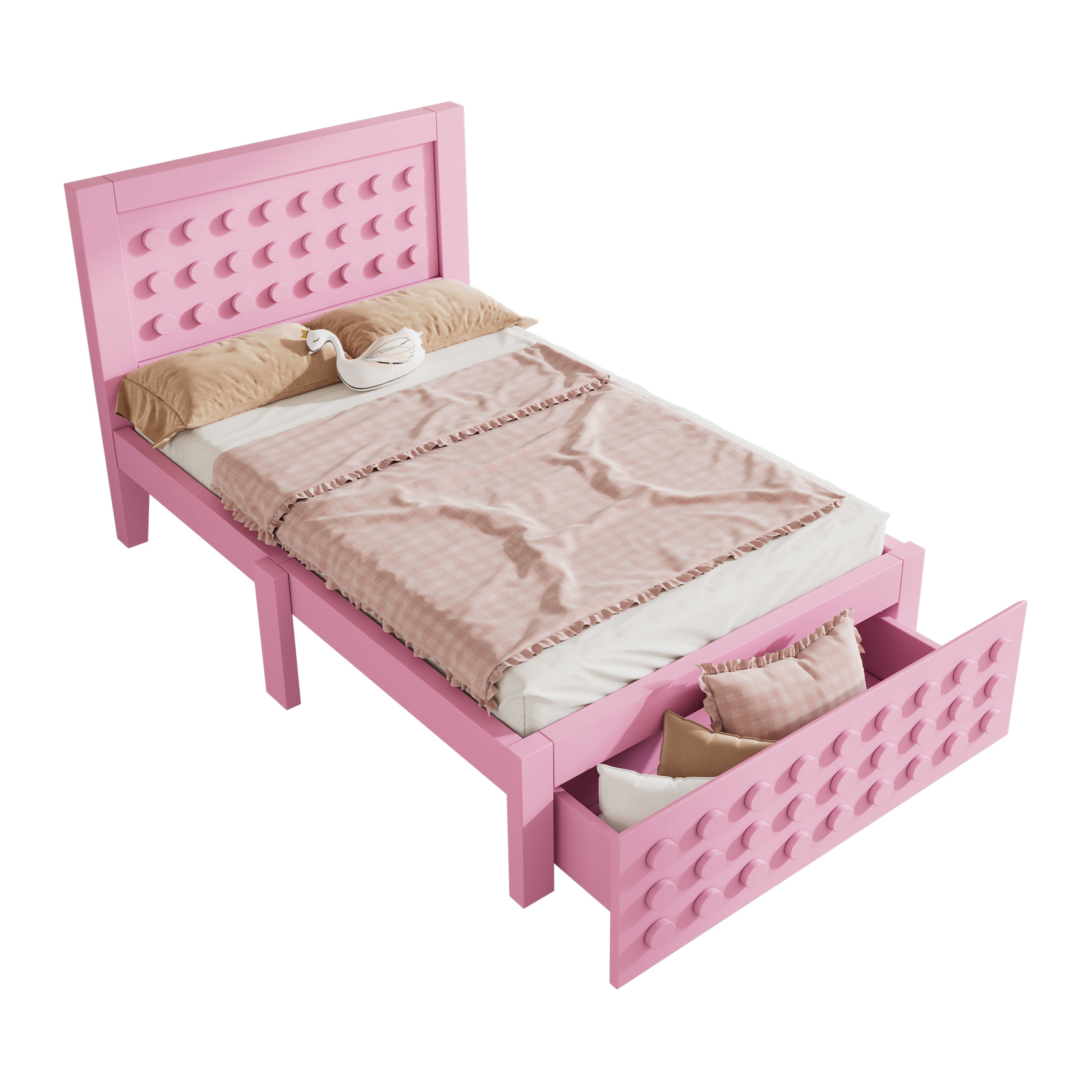 Wooden Single Bed, 90x200 cm with Drawers, Pink