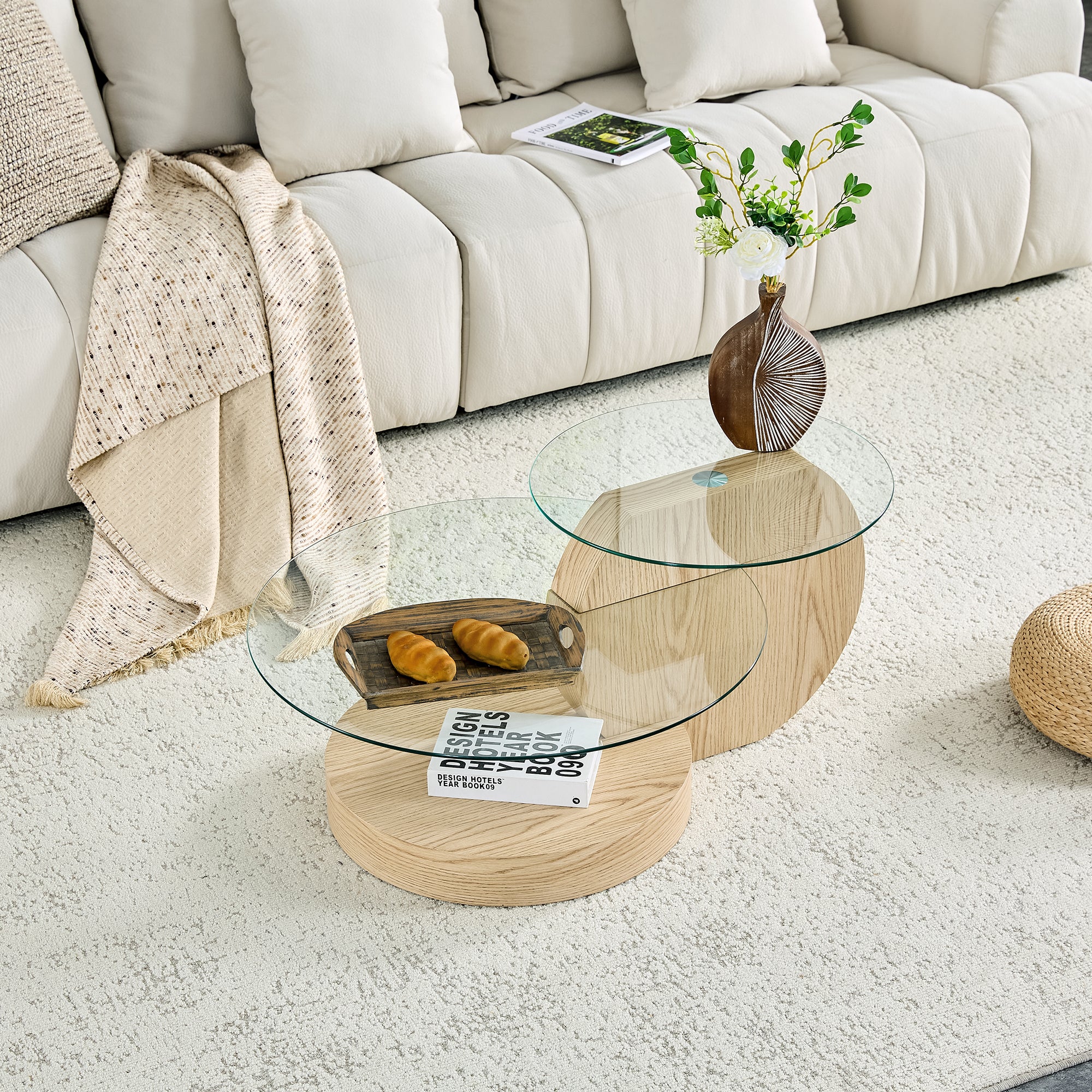 Modern Minimalist Two-Tiered Coffee Table with Safety Glass and Multi-Layered Design, Light Wood Grain MDF