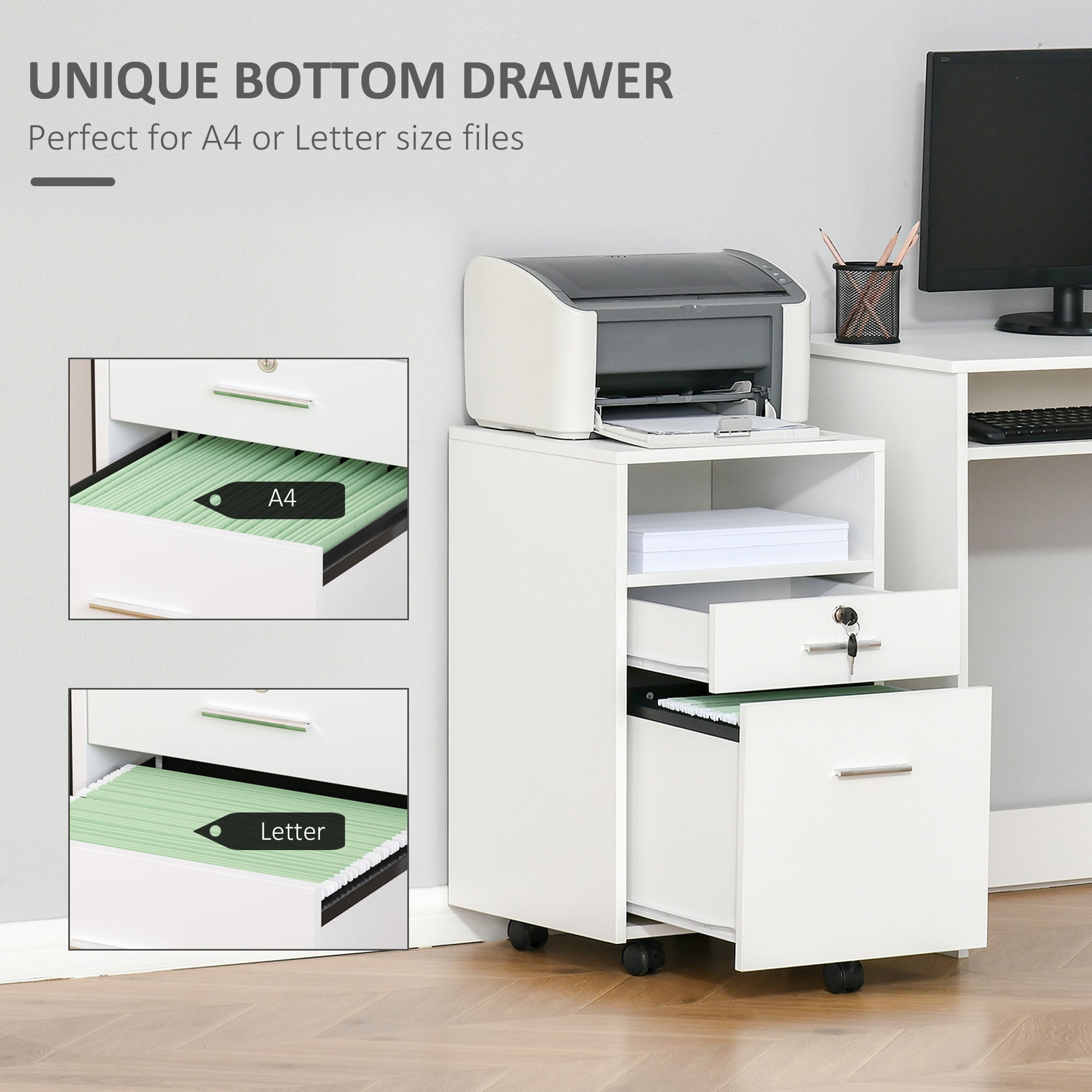 Lockable Filing Cabinet with Two Drawers and Wheels - White