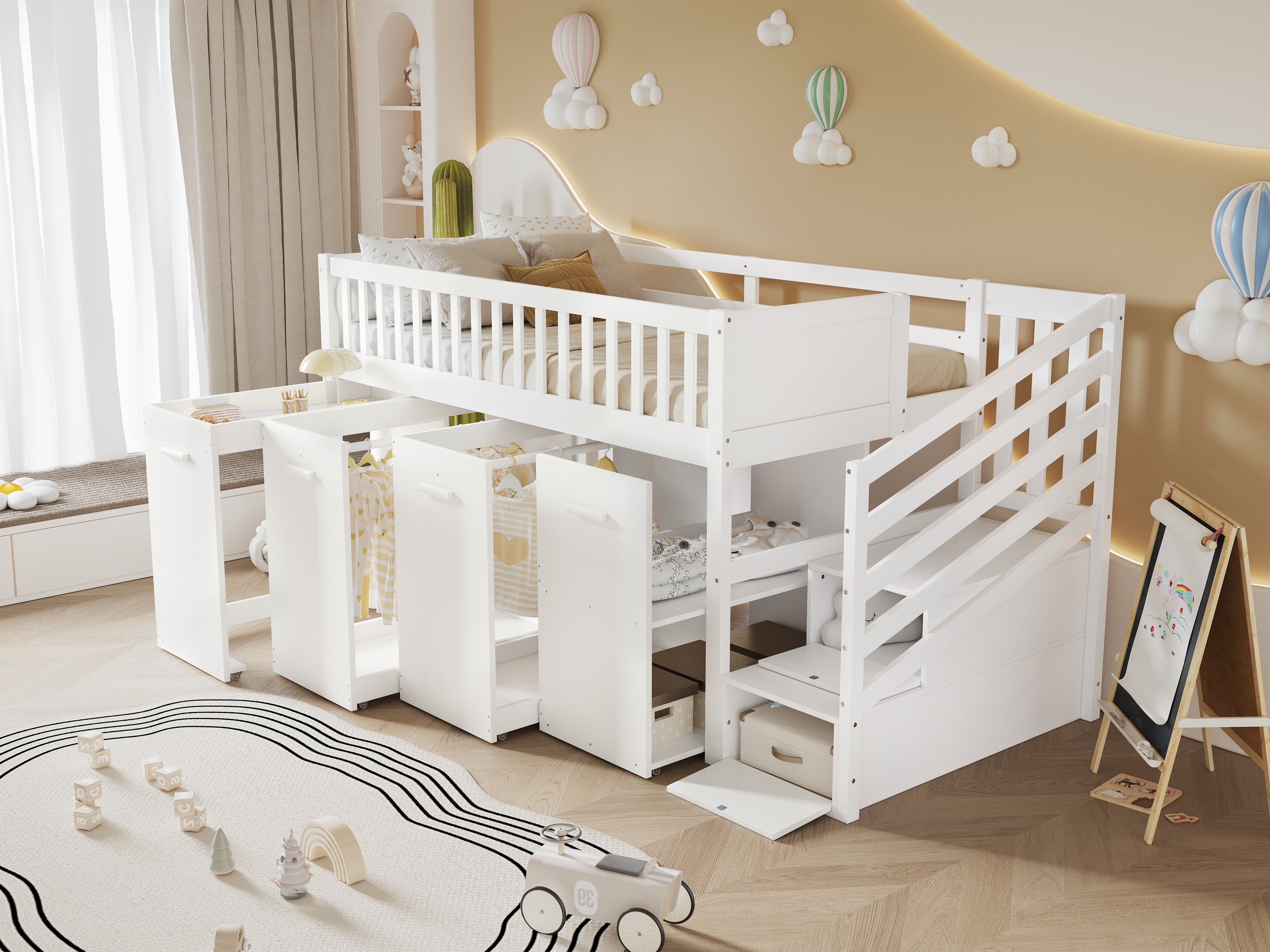 Bunk Bed, Multifunctional Children's with Desk, Wardrobe, Lockers, Pine + MDF White