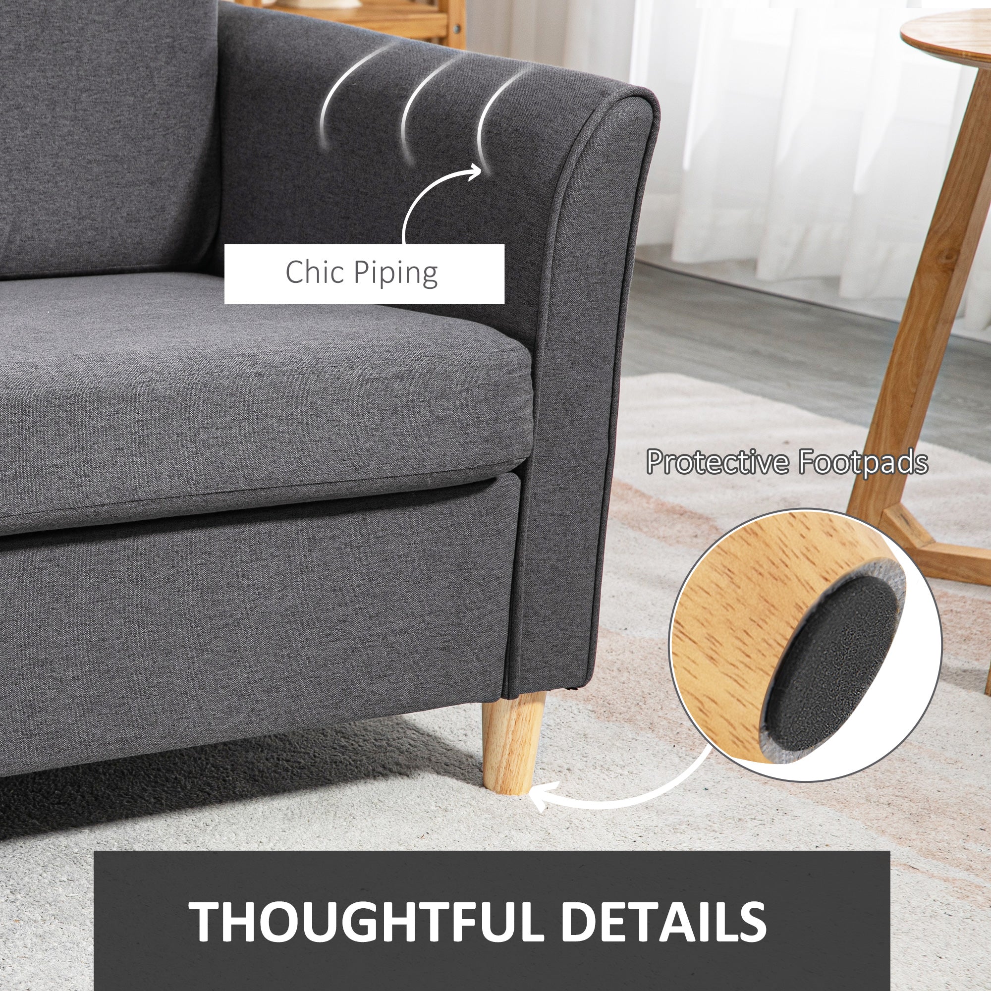 Compact Loveseat Sofa, 2 Seater with Wood Legs, Dark Grey