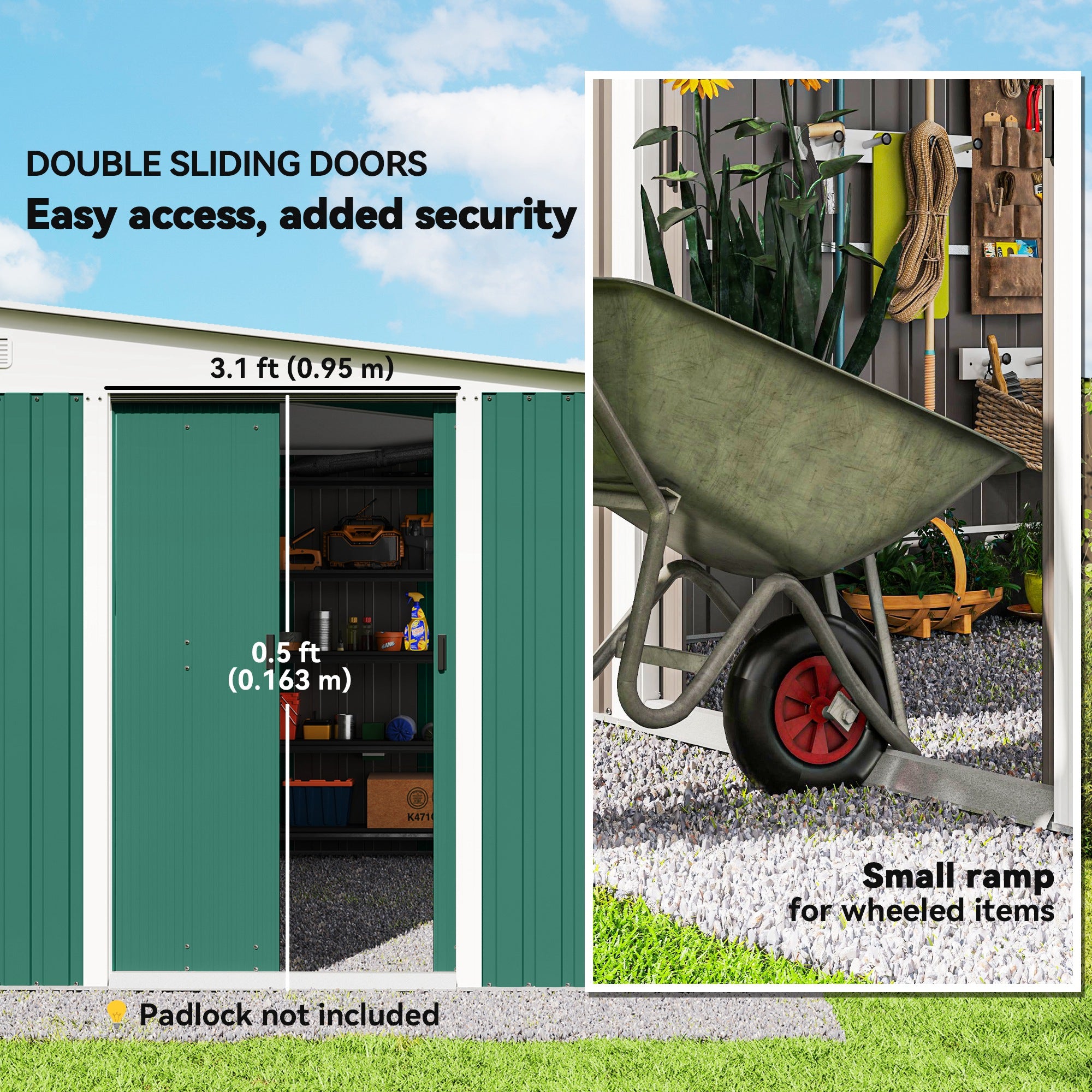 Garden Metal Storage Shed Double Sliding Doors 2 Air Vents 11.3x9.2ft Green