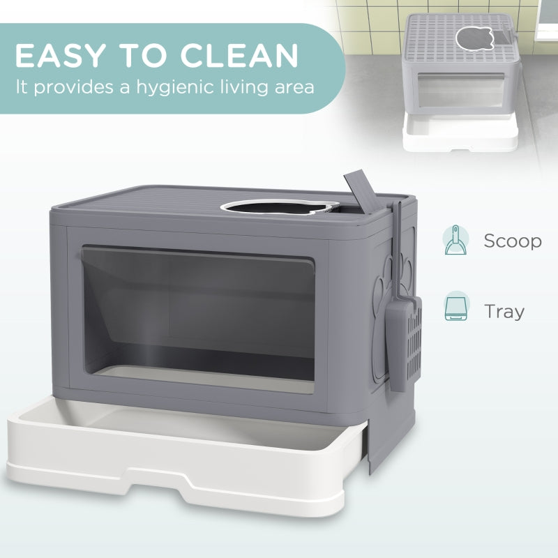 Enclosed Cat Litter Box with Lid, Front Entry, Top Exit, Drawer, Tray, Scoop, Brush - Grey