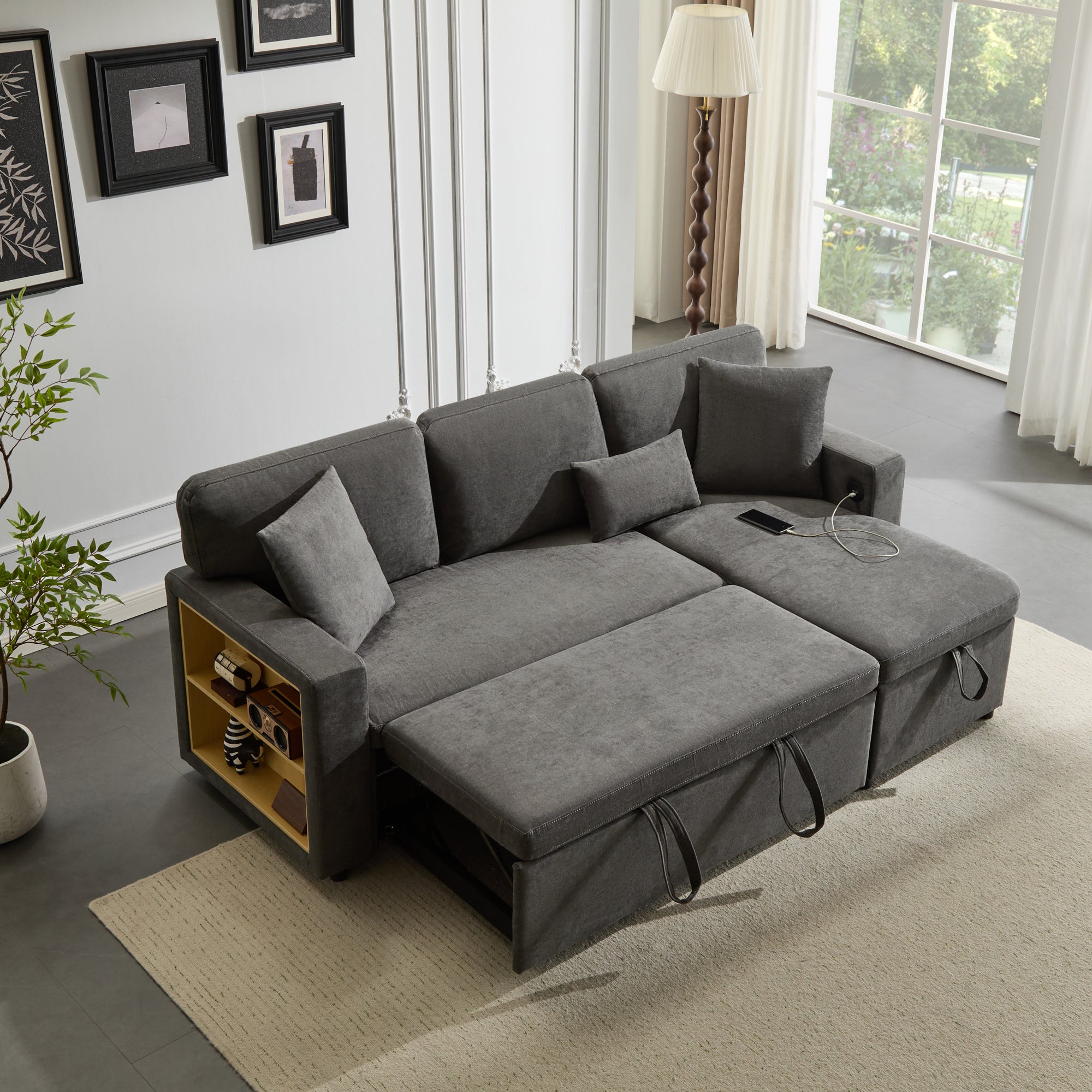 Corner Sofa Bed, L-Shaped Extendable with Storage & Shelf, Dark Grey