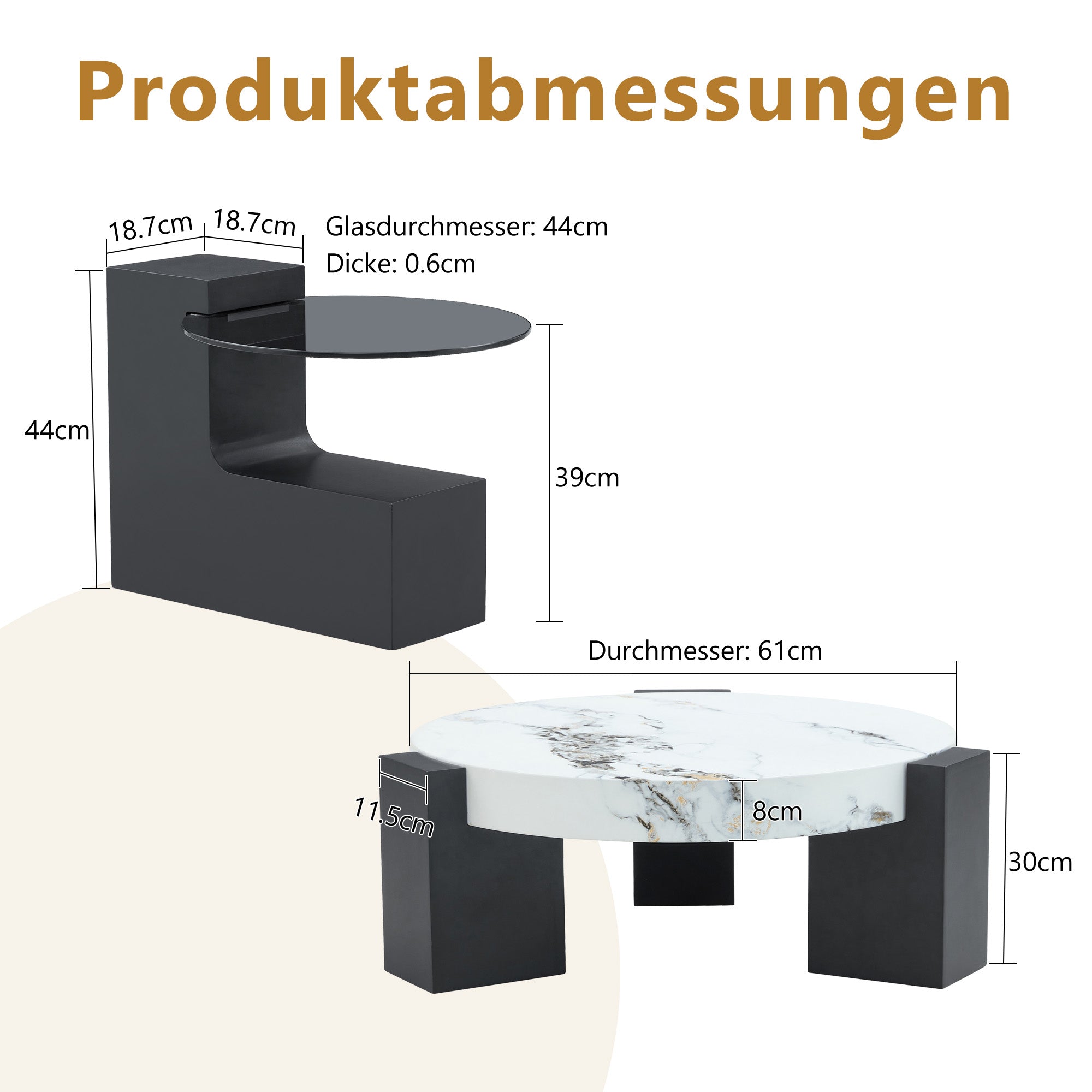 Round Side Table Two Levels Grey Glass Marble Effect Top - Black MDF