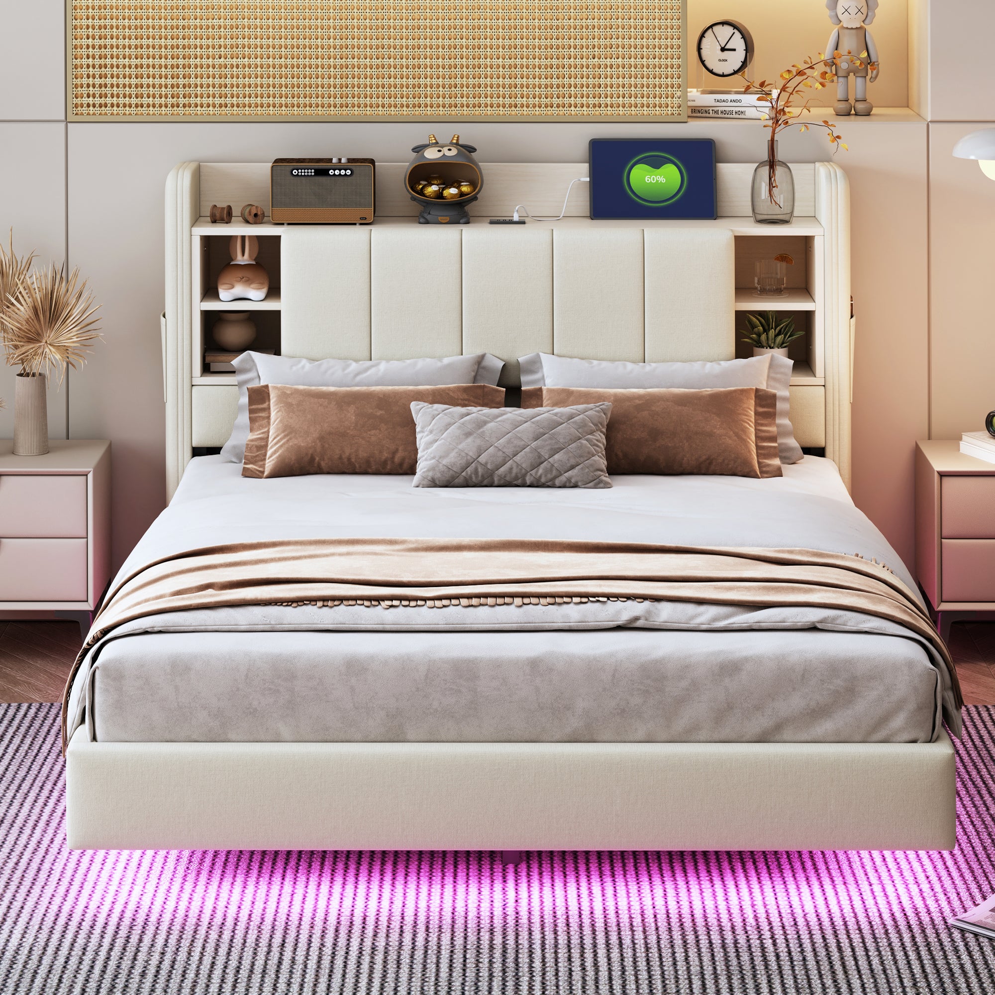 Upholstered Bed 140 x 200 cm, USB, Light Strip, Reversible Headboard, Storage, Metal Frame, Linen Fabric, Beige